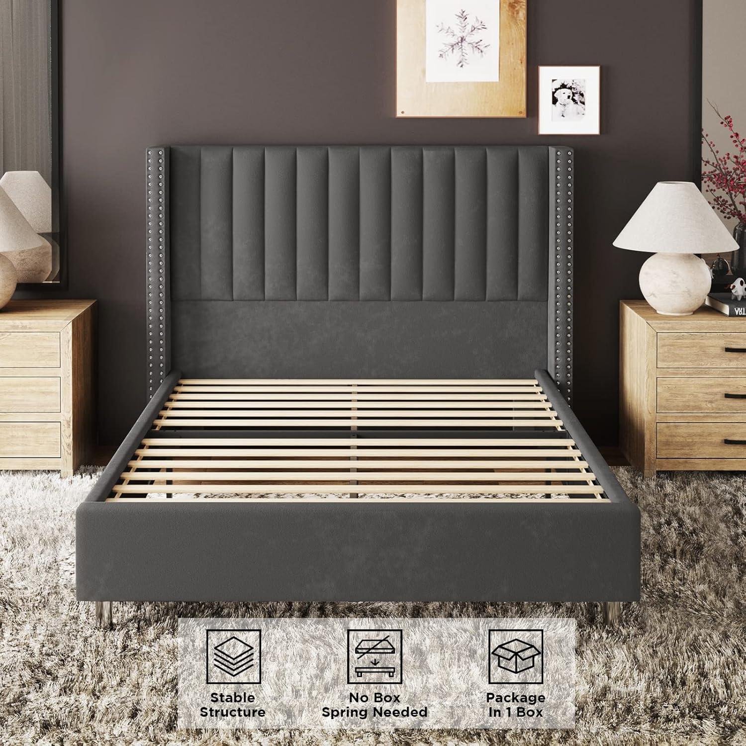 Queen Dark Gray Velvet Upholstered Platform Bed with Nailhead Trim