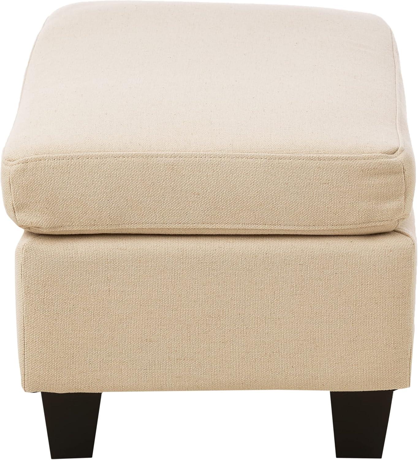 Beige Linen Upholstered Ottoman with Birch Legs