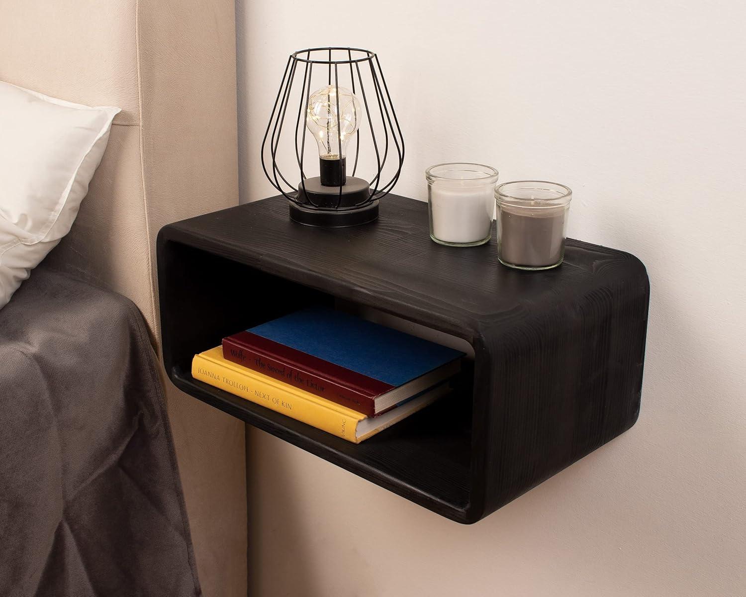 Black Spruce Wood Floating Nightstand with Open Shelf