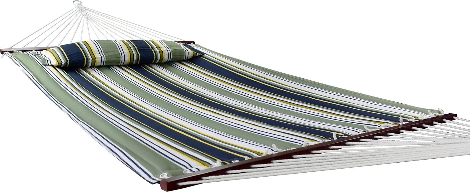 Blue and Green Striped Cotton Hammock with Stand and Pillow