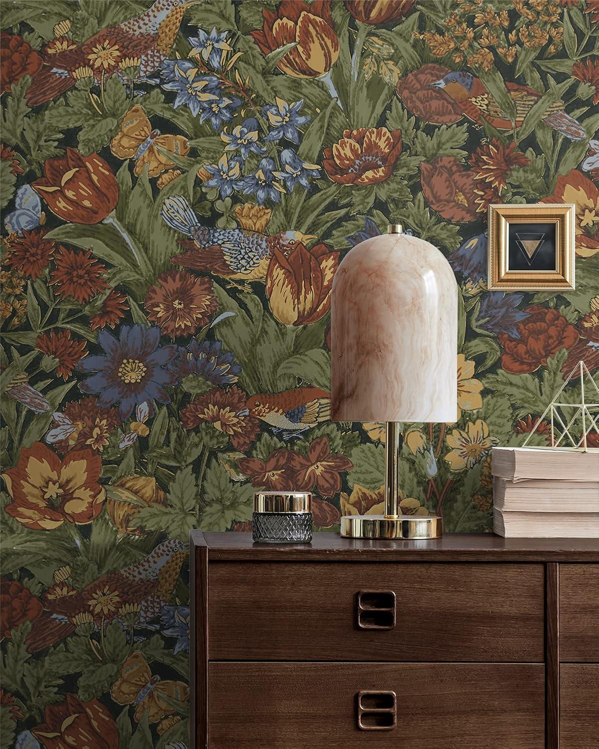 NextWall Russet and Riverside Bird Floral Peel and Stick Wallpaper