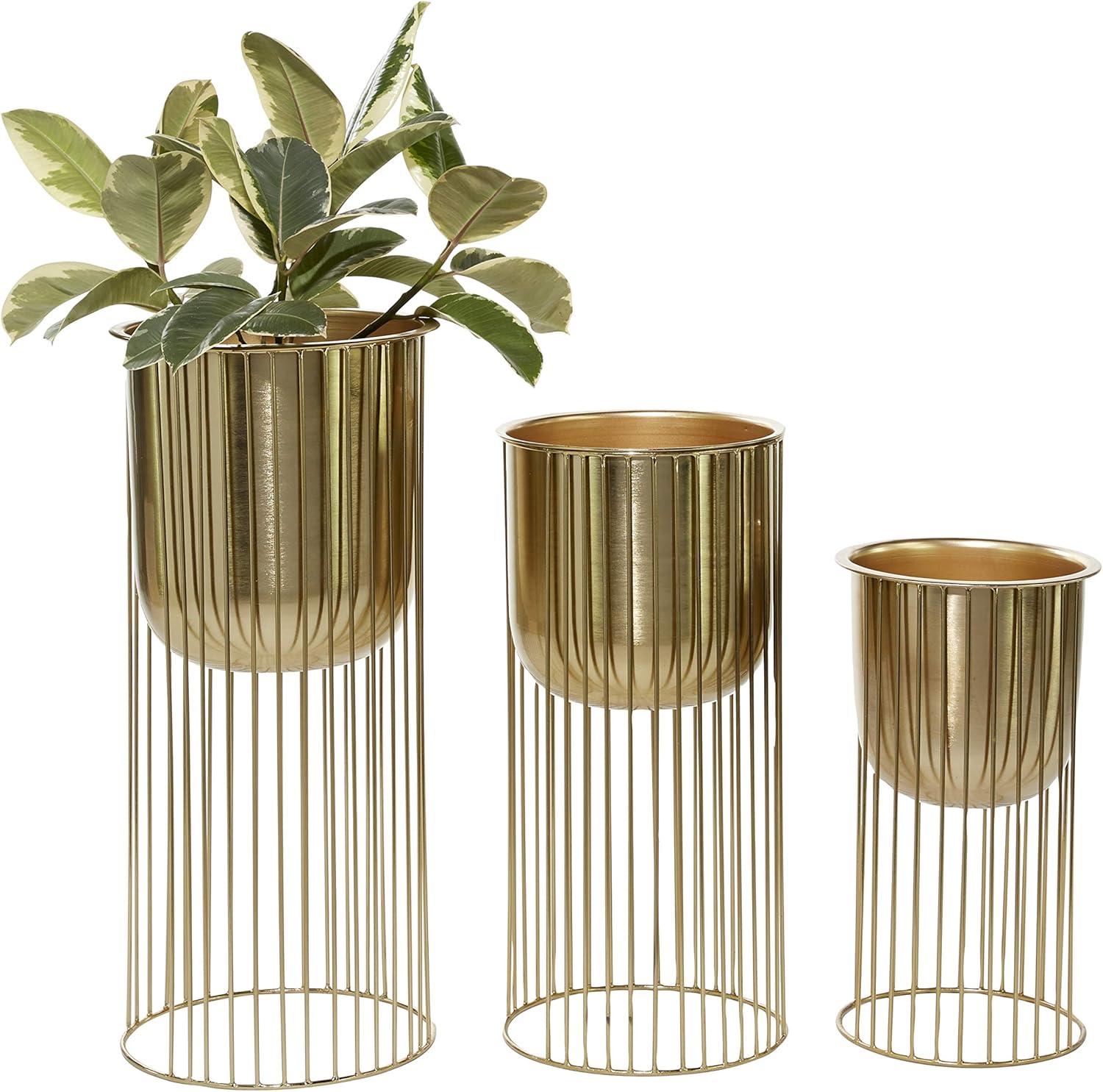 DecMode 24", 20", 16"H Deep Recessed Dome Gold Metal Planter with Elevated Caged Stand (3 Count)