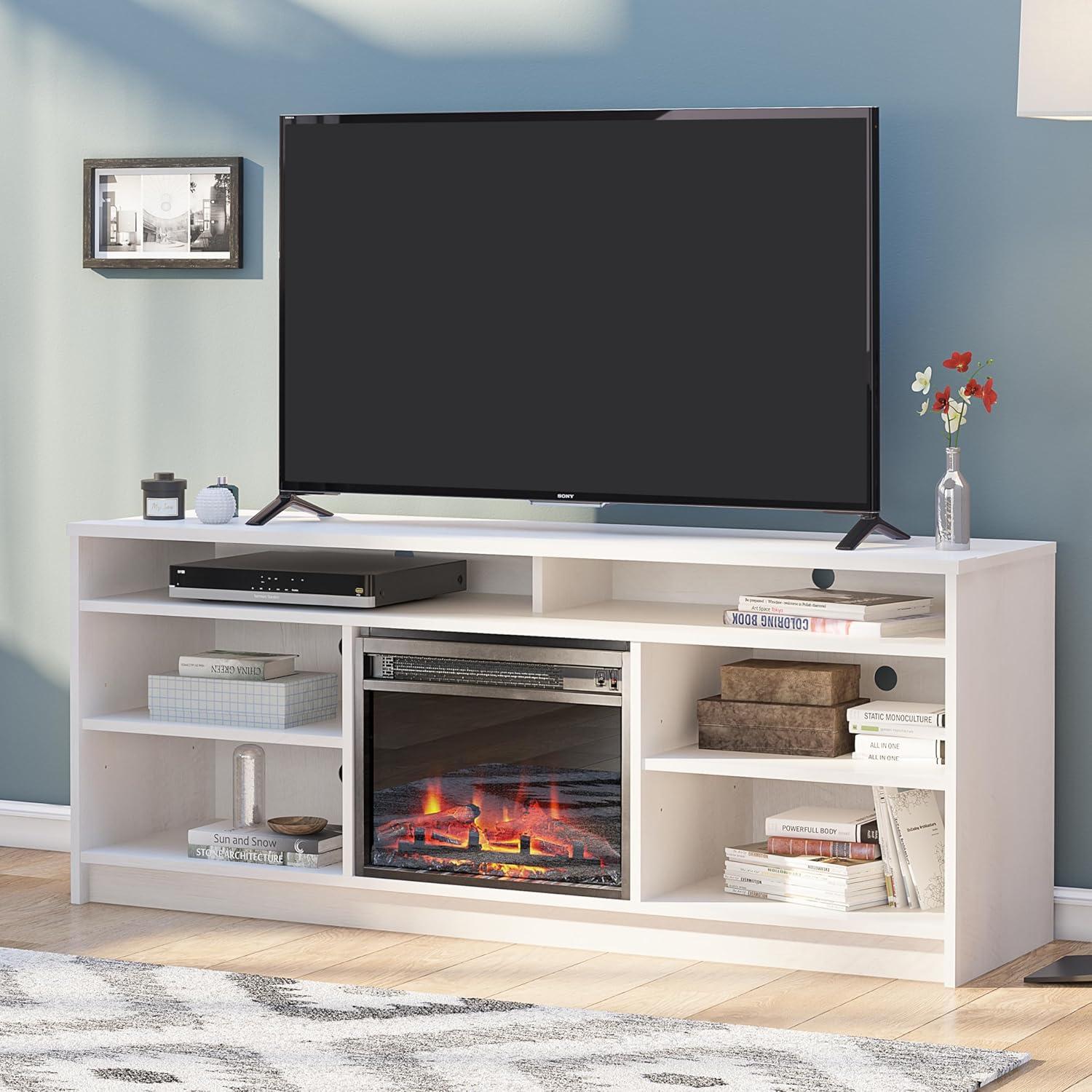 Ivory Oak 58'' TV Stand with Electric Fireplace and Cabinet