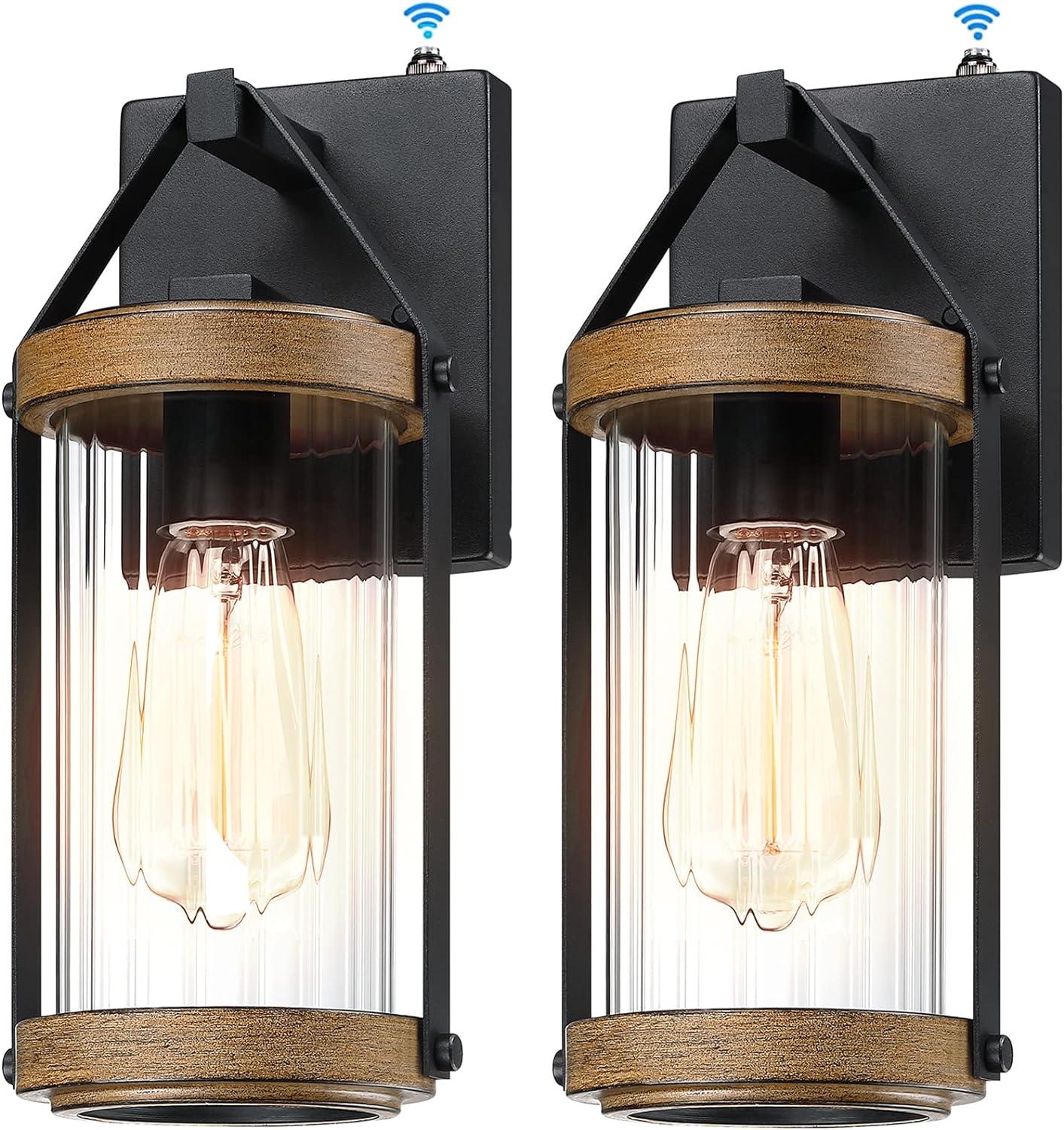 Black and Wood-Finished Metal Lantern Sconce with Clear Glass