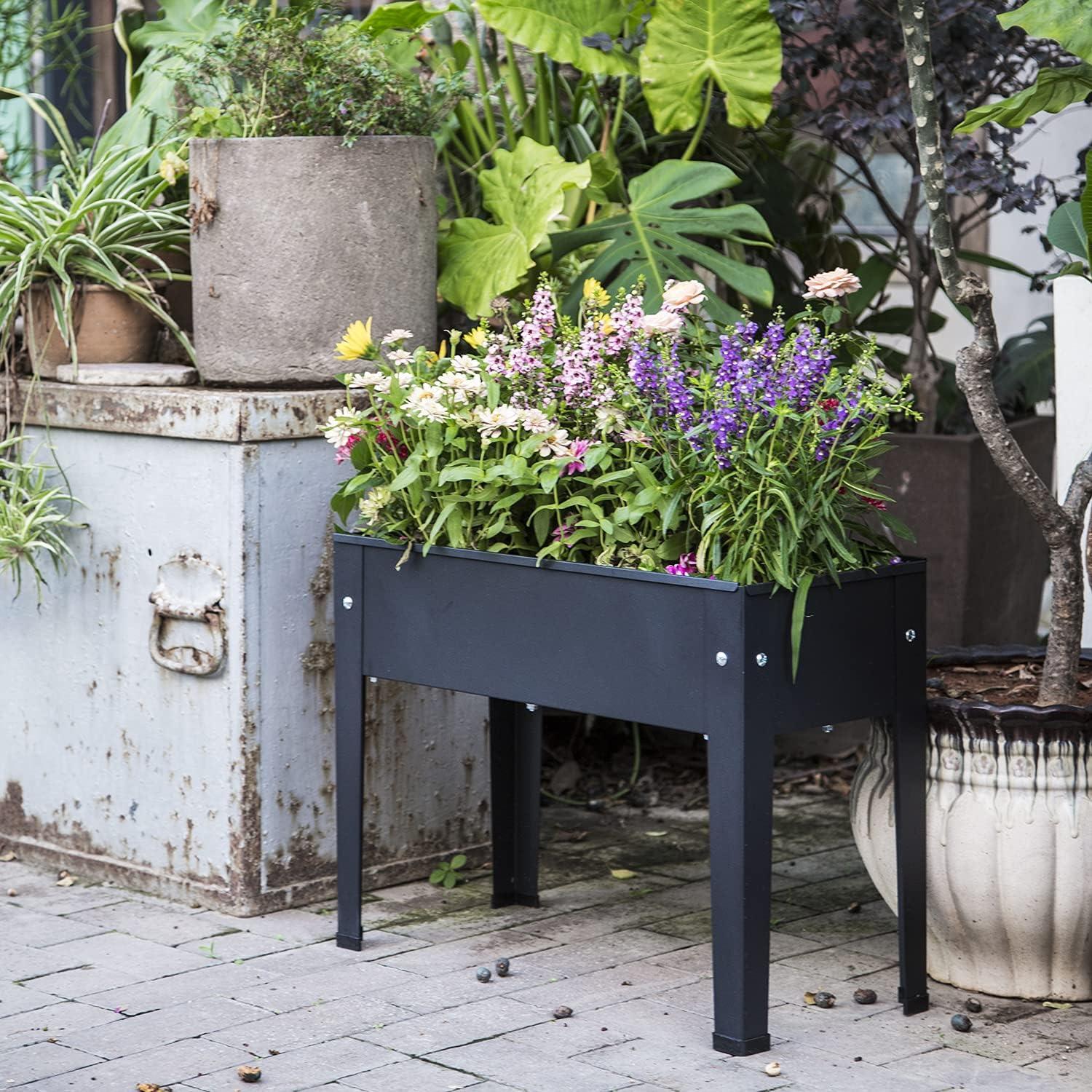 Frosted Black Steel Raised Garden Bed with Legs and Drainage Hole