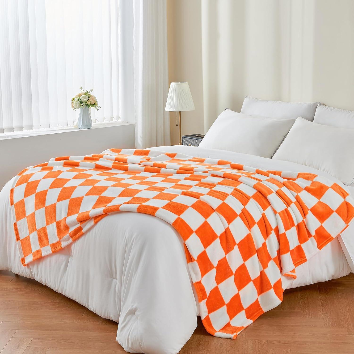 Checkered Throw Blanket for Couch and Bed, Luxurious Fleece Blanket with Checkerboard Grid Home Decor, Soft Cozy Orange and White Warm Blankets for Spring, 50"x60"