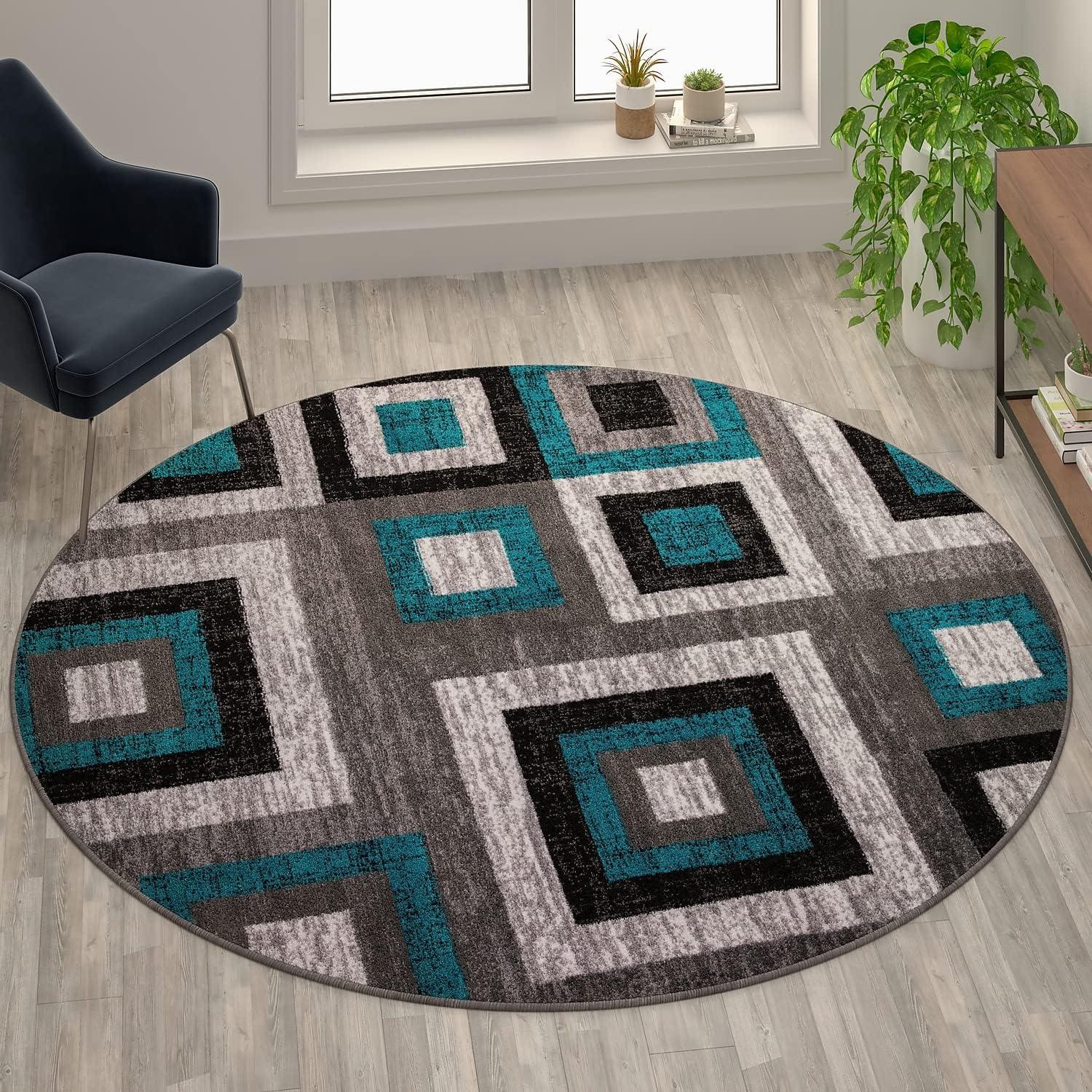 Modern Geometric 8' Round Area Rug in Turquoise, Grey, and White with Cotton Backing