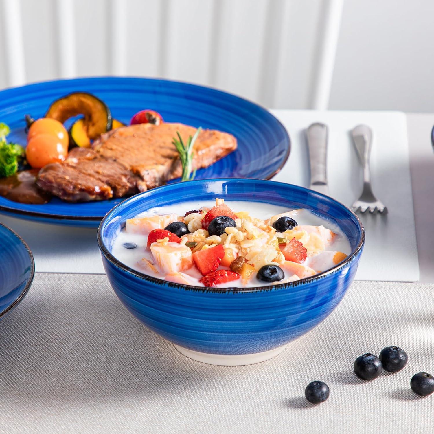 vancasso Bonita Dinnerware Set Blue Stoneware 24 Pieces Service for 6, Handpainted Spirals Pattern Stoneware Combination Set