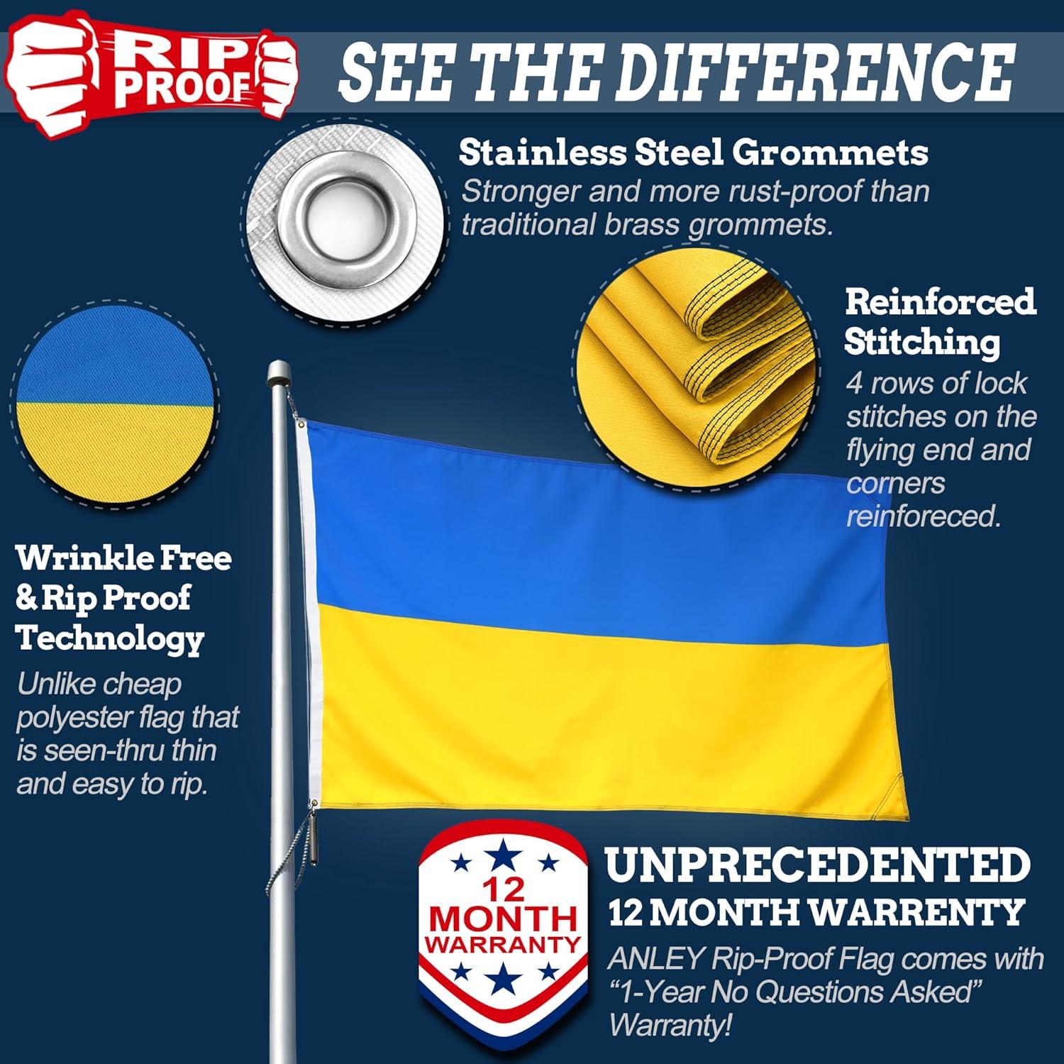 Anley Rip-Proof Double Sided 3-Ply Ukraine Flag 3x5 Ft - The Strongest Longest Lasting Ukrainian National Flag 3X5 Ft