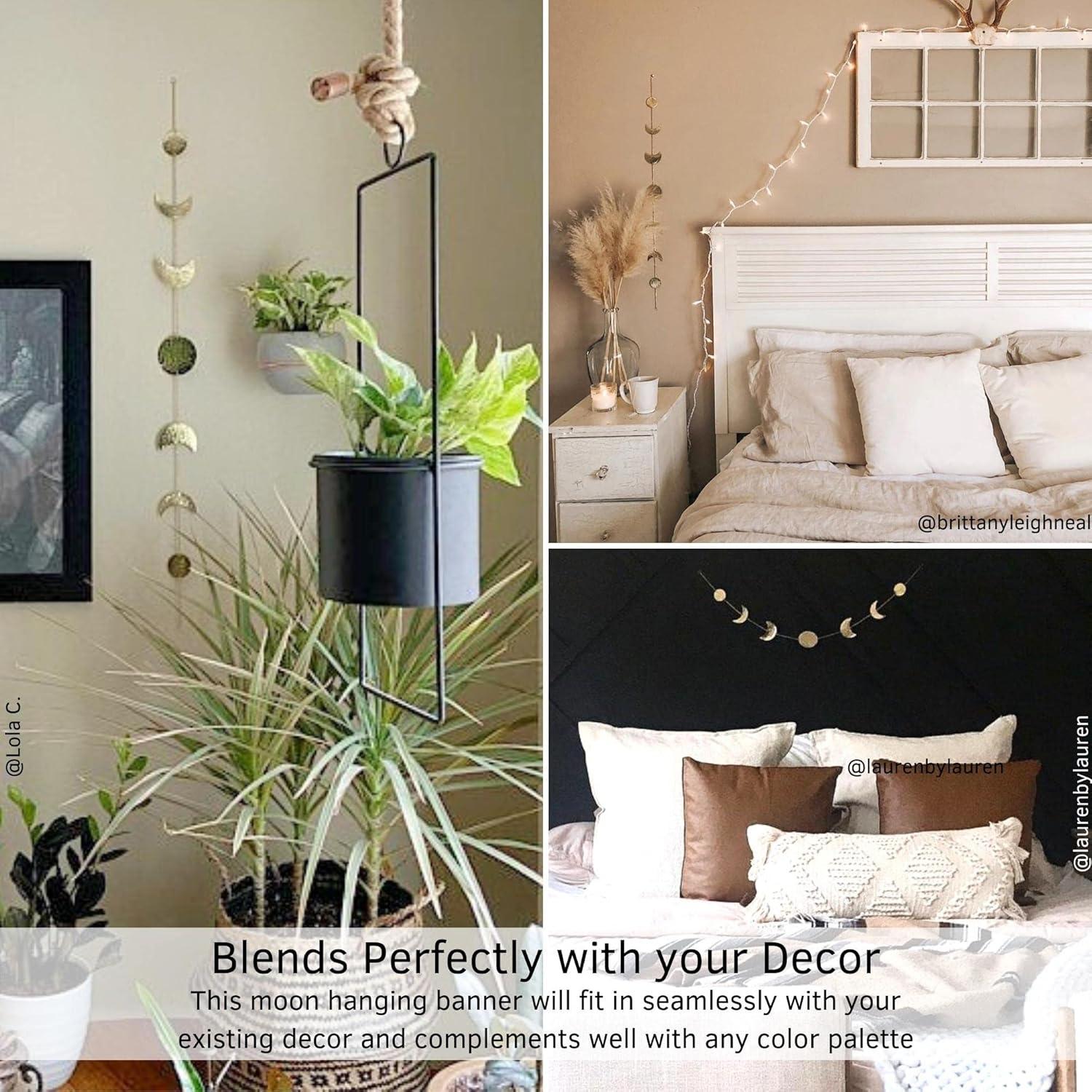 Elegant Bohemian Aesthetic, Moon Phase Wall Decor With Glowing Phases, Handmade Hammered Gold Metal Vertical Wall Art For Shelves, Bedside Tables, Mirrors