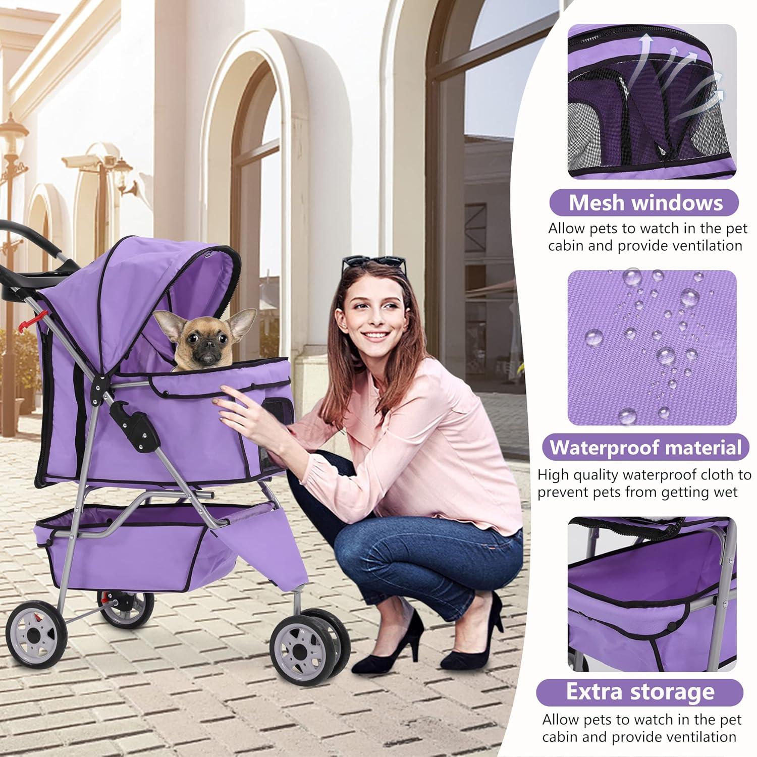 YRLLENSDAN Dog Stroller Cat Stroller Pet Strollers for Small Medium Dogs Foldable Travel Dog Cart 3 Wheels Waterproof, Purple