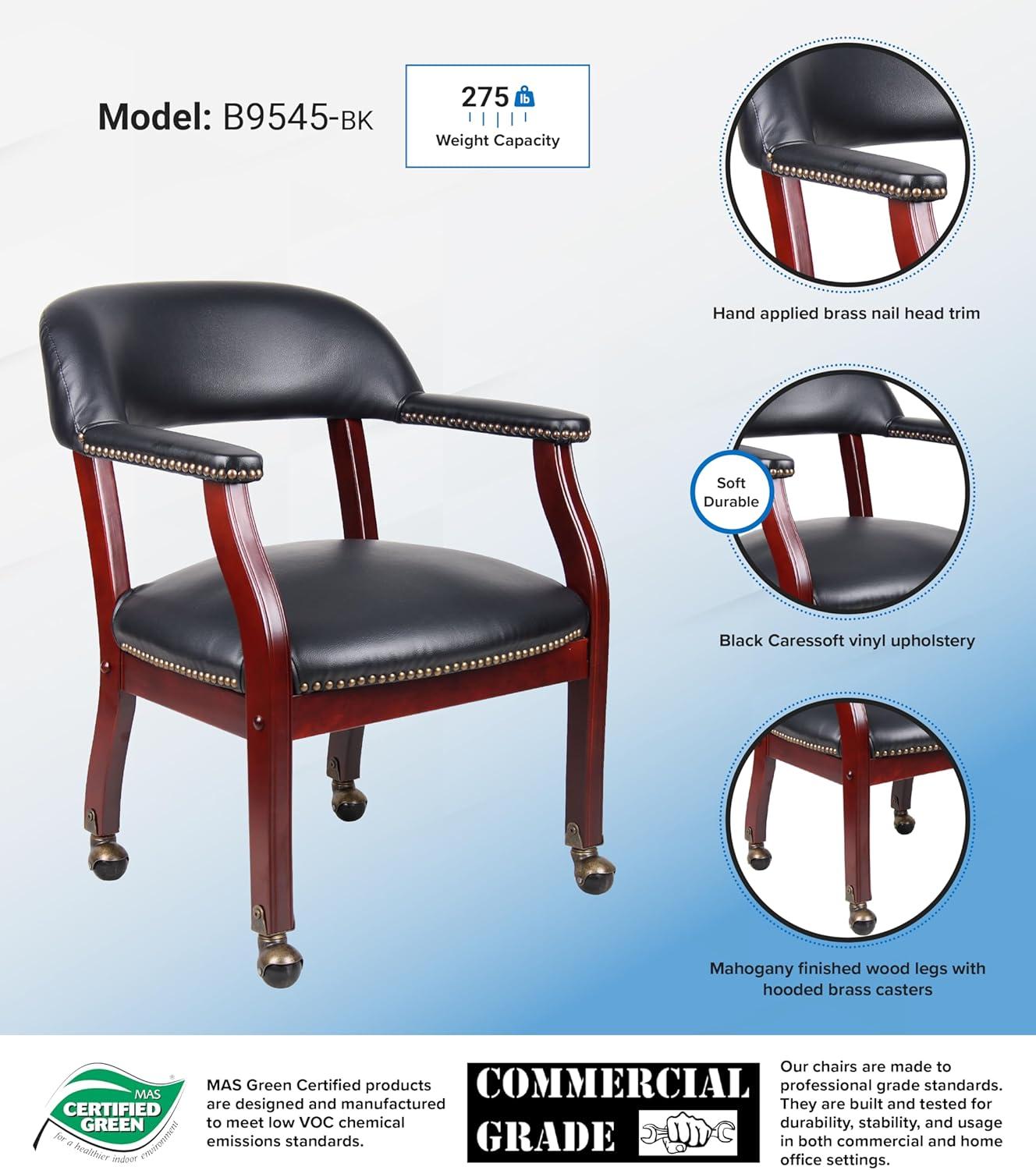 Captain's Chair with Casters Black - Boss Office Products: Mahogany Base, Vinyl Upholstery, Brass Castors