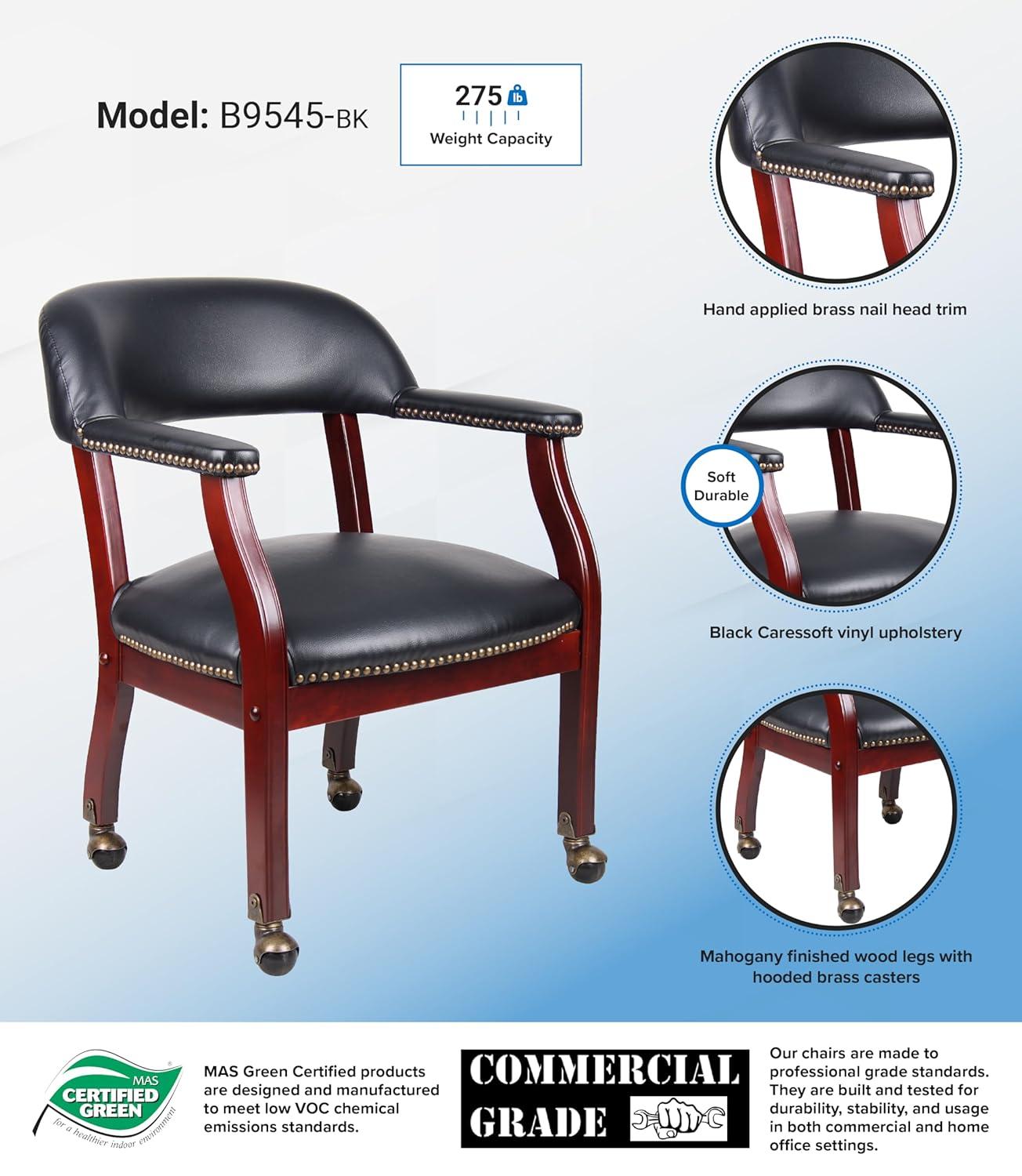Captain's Chair with Casters Black - Boss Office Products: Mahogany Base, Vinyl Upholstery, Brass Castors