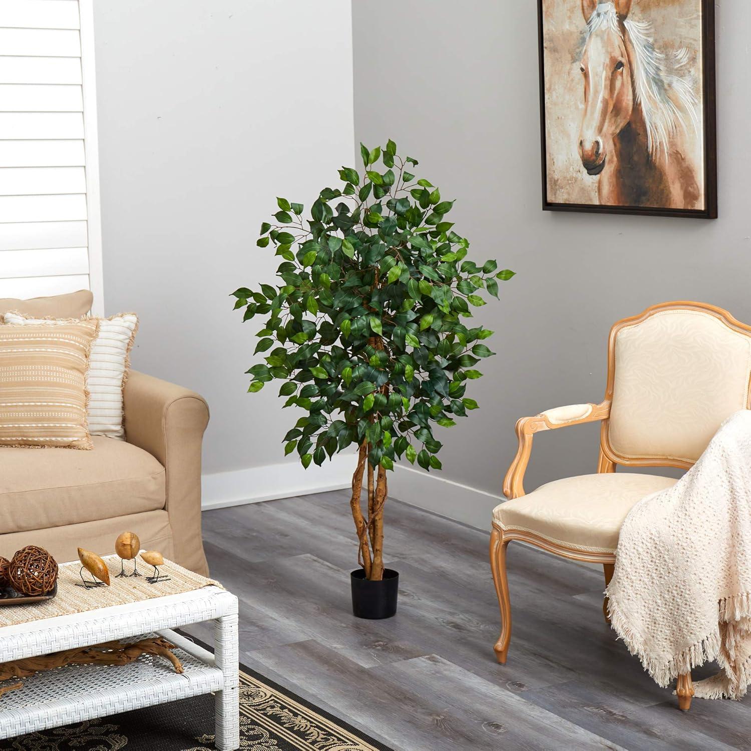 4-Foot Green Silk Ficus Tree in Black Pot