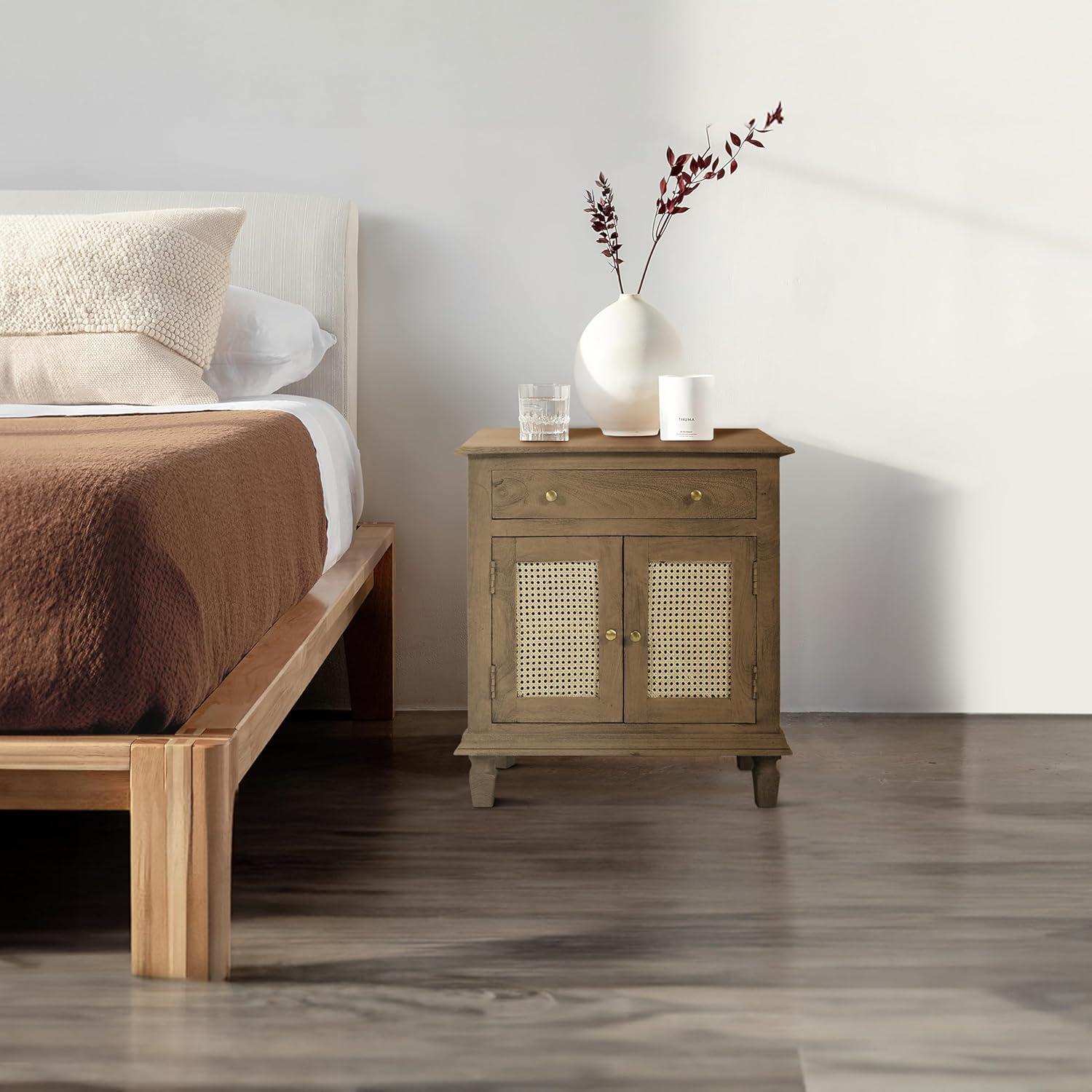 The Urban Port 30" Nightstand Table Rattan Cabinet Doors and Drawer Fronts Sandblasted Brown Mango Wood Brown