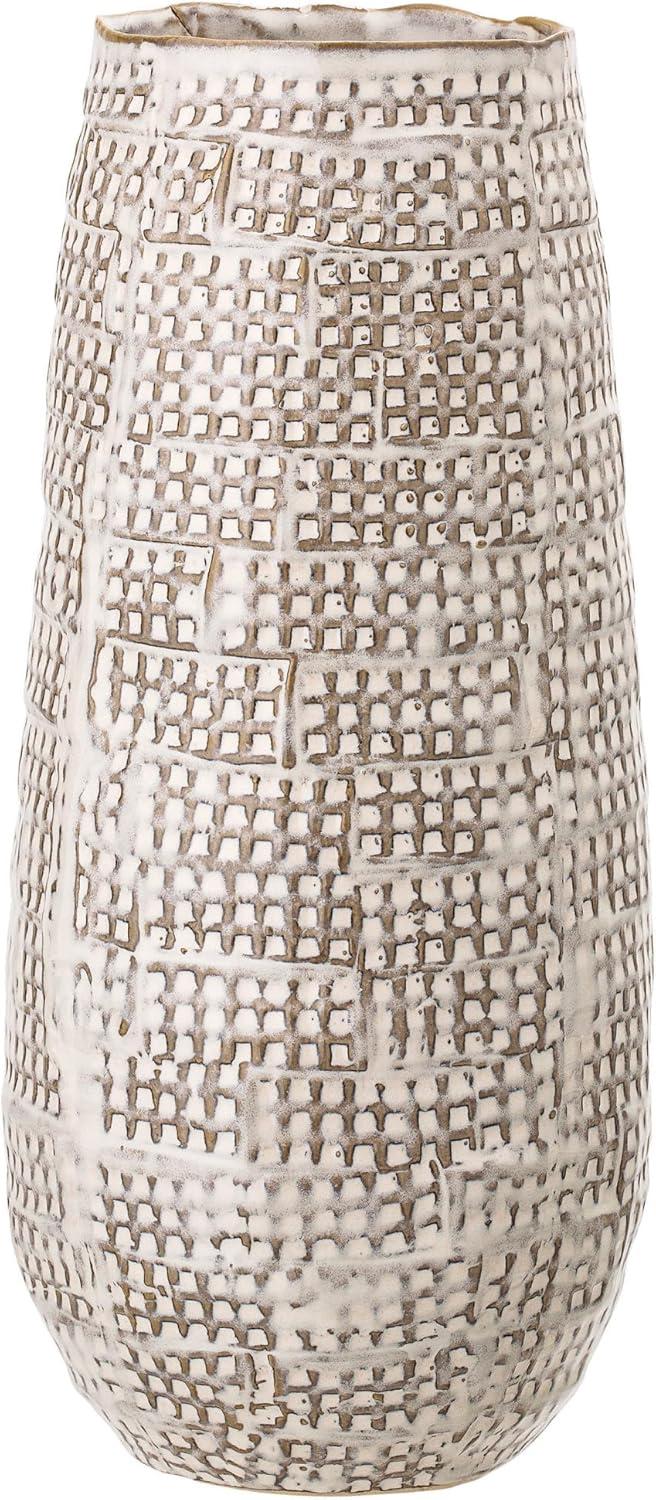 Tall Brown and White Embossed Ceramic Table Vase