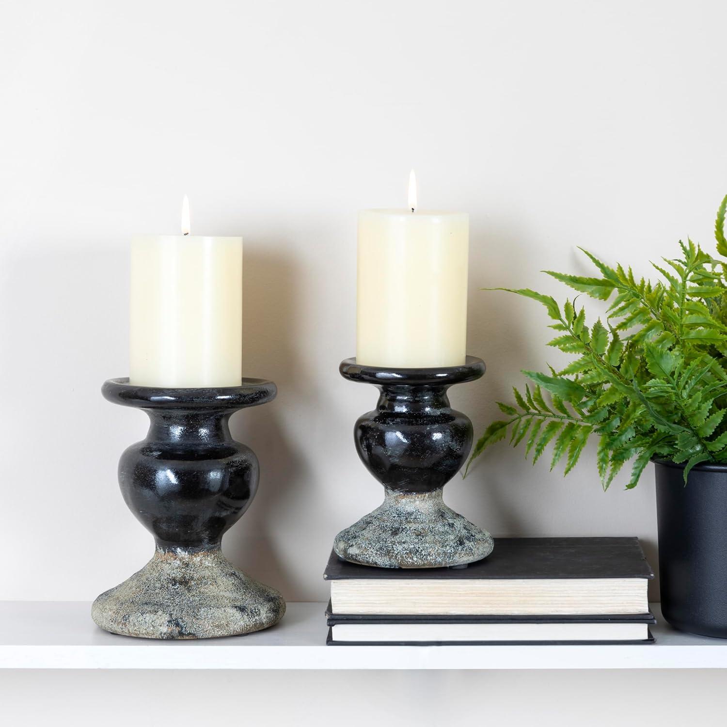 Distressed Black Terracotta 2-Tone Pillar Candle Holder