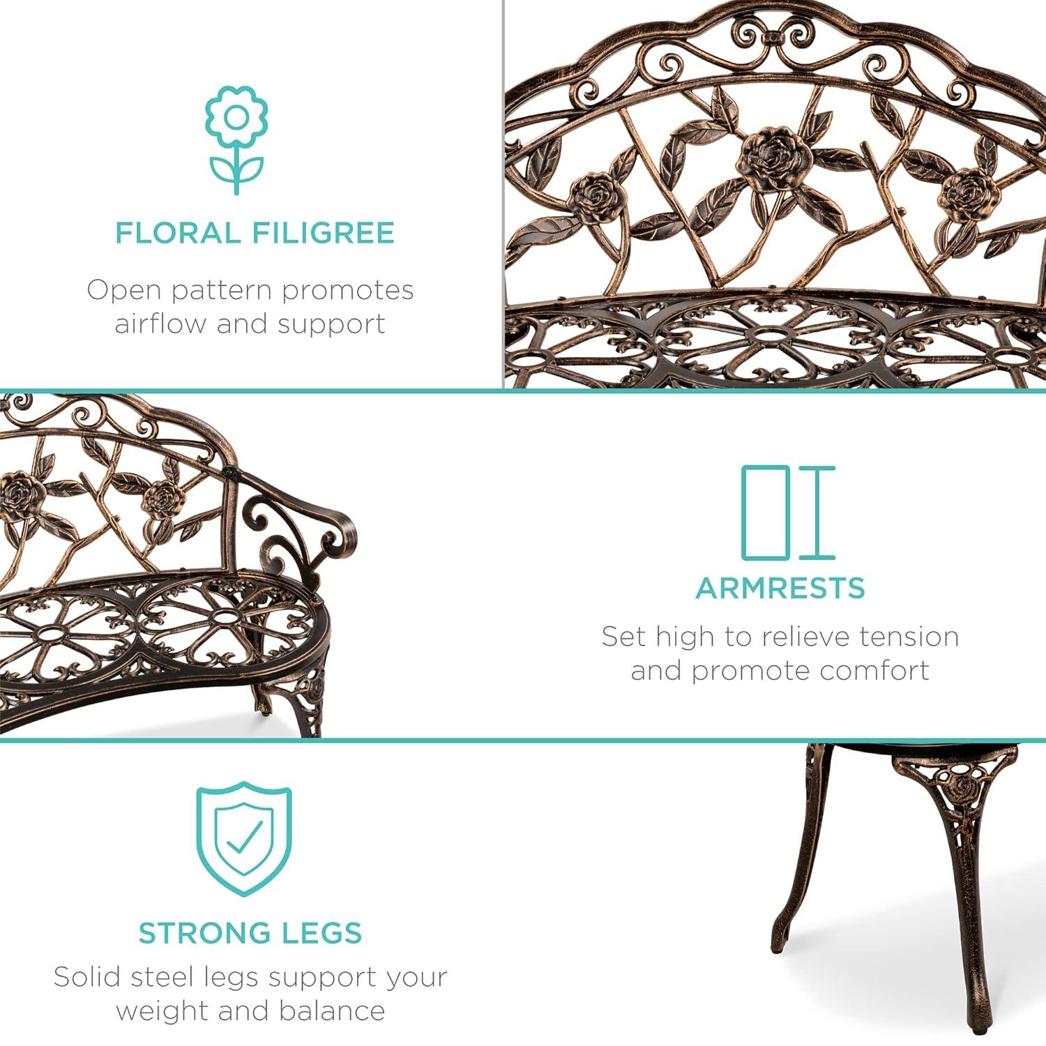 QSHIMY Patio Garden Bench Park Metal Rose Outdoor Benches, Aluminium Vintage Antique Furniture Chair Outside Benches Weather Proof Bench for Outdoor Porch, Lawn, Balcony, Backyard, Bronze