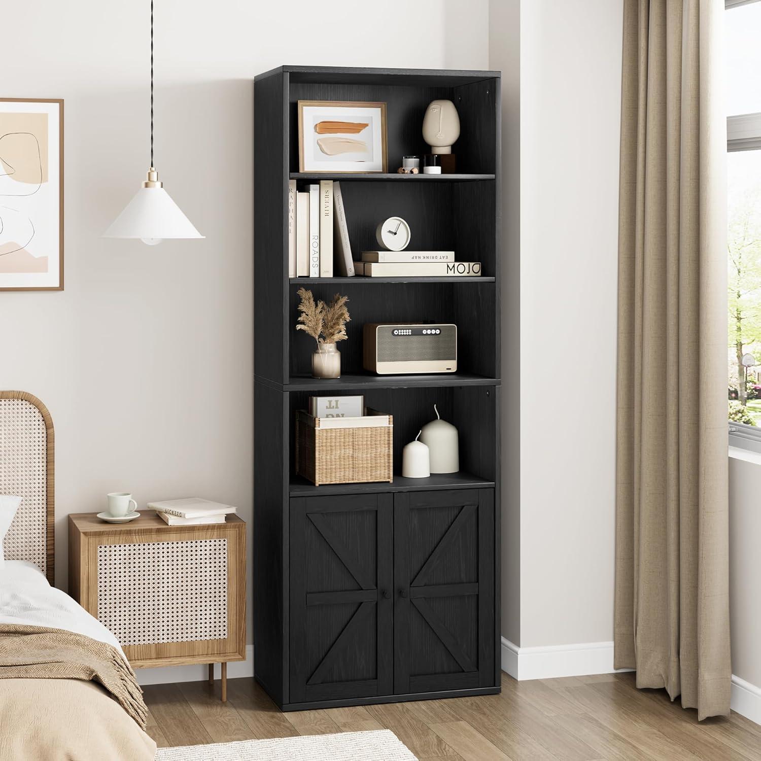 IDEALHOUSE Bookcase with Doors Industrial Bookshelf 11.8in Depth Display Storage Shelves 71.4in Tall Farmhouse Bookcases Wooden 6 Shelf Bookshelvels for Bedroom, Living Room, Home Office