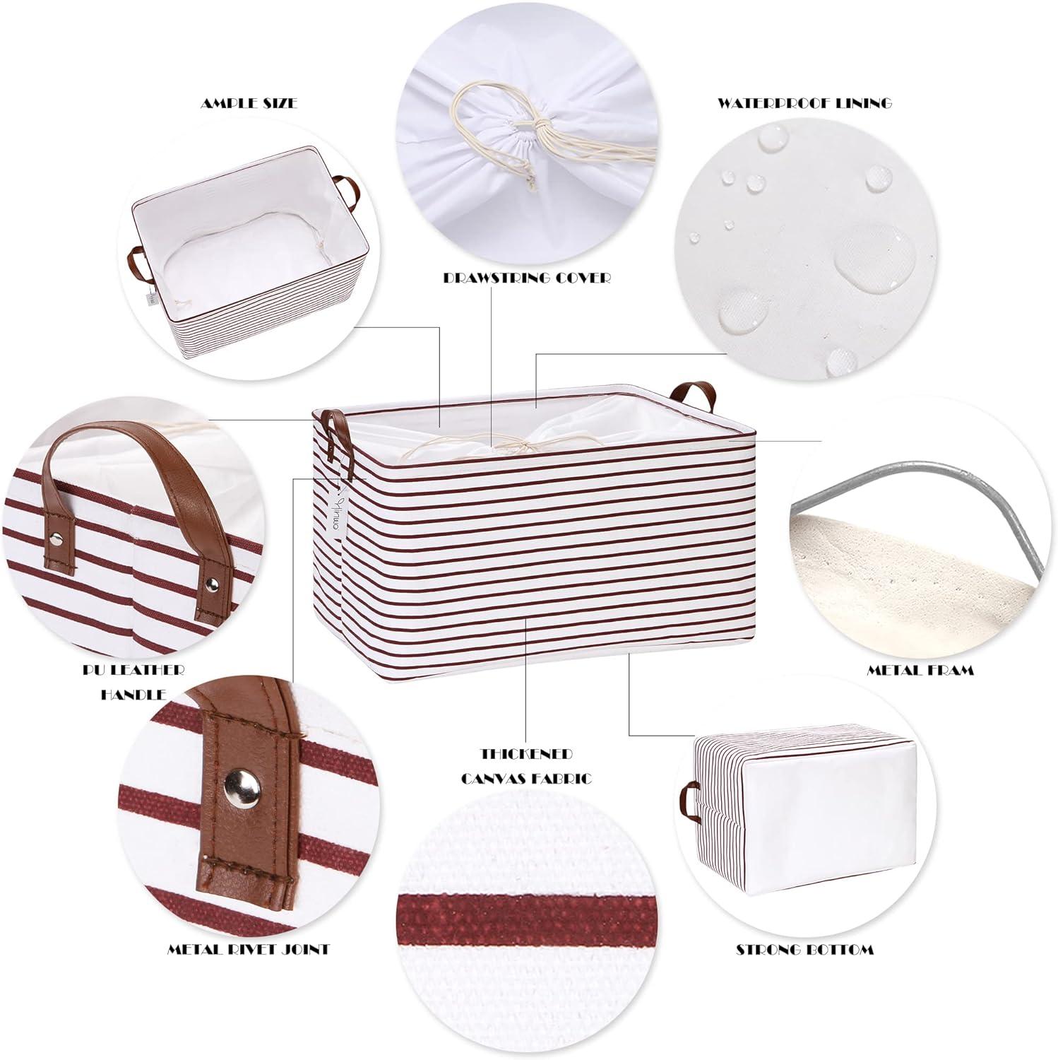 Hinwo 2-Pack Extra Large Canvas Fabric Storage Baskets with Handles, 70L Oversized Storage Bins, Collapsible Storage Box, Clothes, Toys, Blankets Organizers, 22 x 15 x 13 inches, (Purple Stripe)