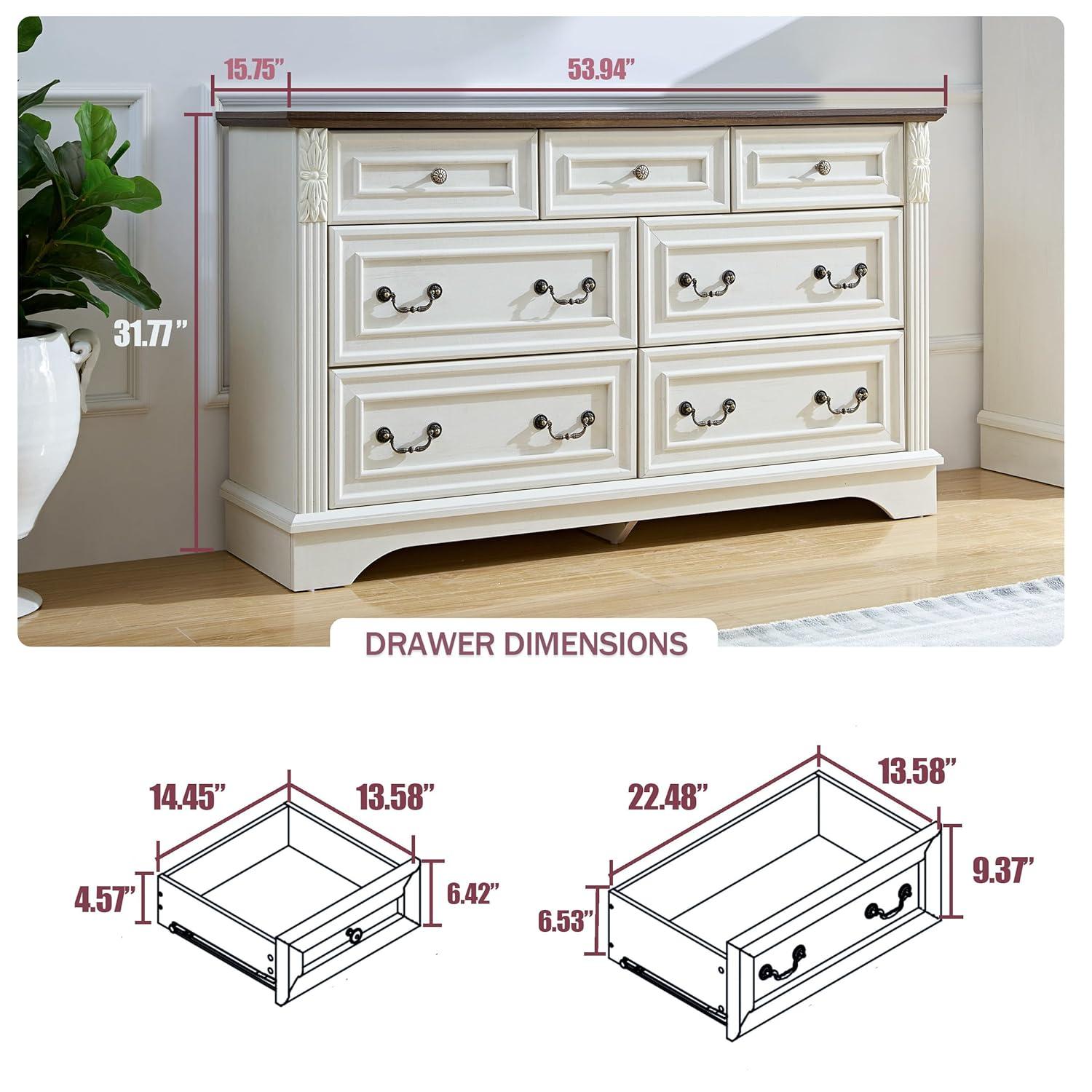Farmhouse 7 Drawers Dresser, Dressers for Bedroom, 54" Wide Wood Rustic Chest of Drawers with Carved Pilasters, Storage Organizer, Living Room, Hallway, Antique White