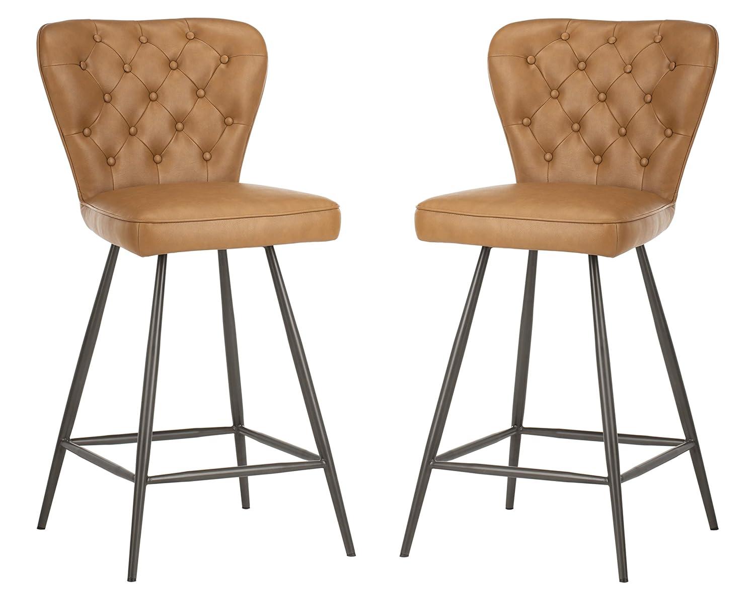 Ashby 26"H Mid-Century Modern Leather Tufted Swivel Counter Stool (Set of 2) - FOX1702 - Camel - Safavieh Couture