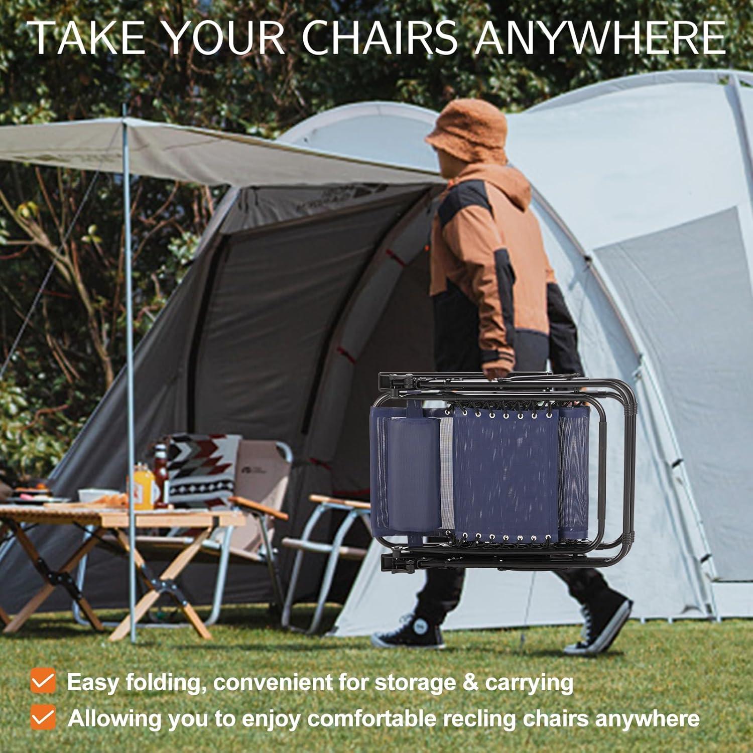 Zero Gravity Chairs, Set of 2 Portable Recliner Beach Camping Patio Outdoor Folding Lounge Chair with Cup Holder Trays and Adjustable Pillow for Poolside, Garden, Backyard, Lawn (Black)