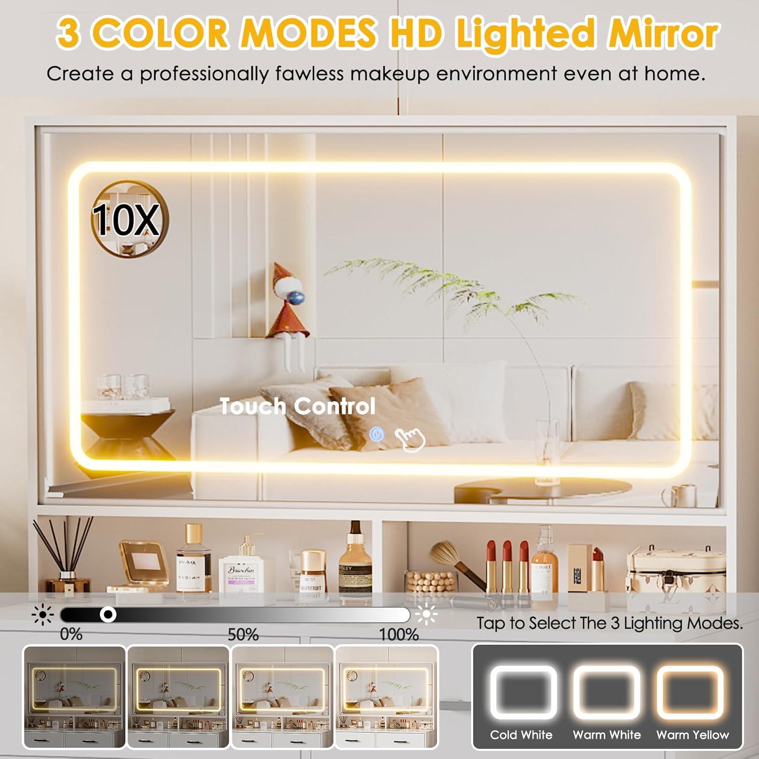 PAKASEPT Vanity Desk with Mirror and Lights, Corner Makeup Table with 3 Color Lighting, White Vanity with Power Strip & Hooks, Hidden and Open Shelves, Adjustable Brightness, 47.2 Inch