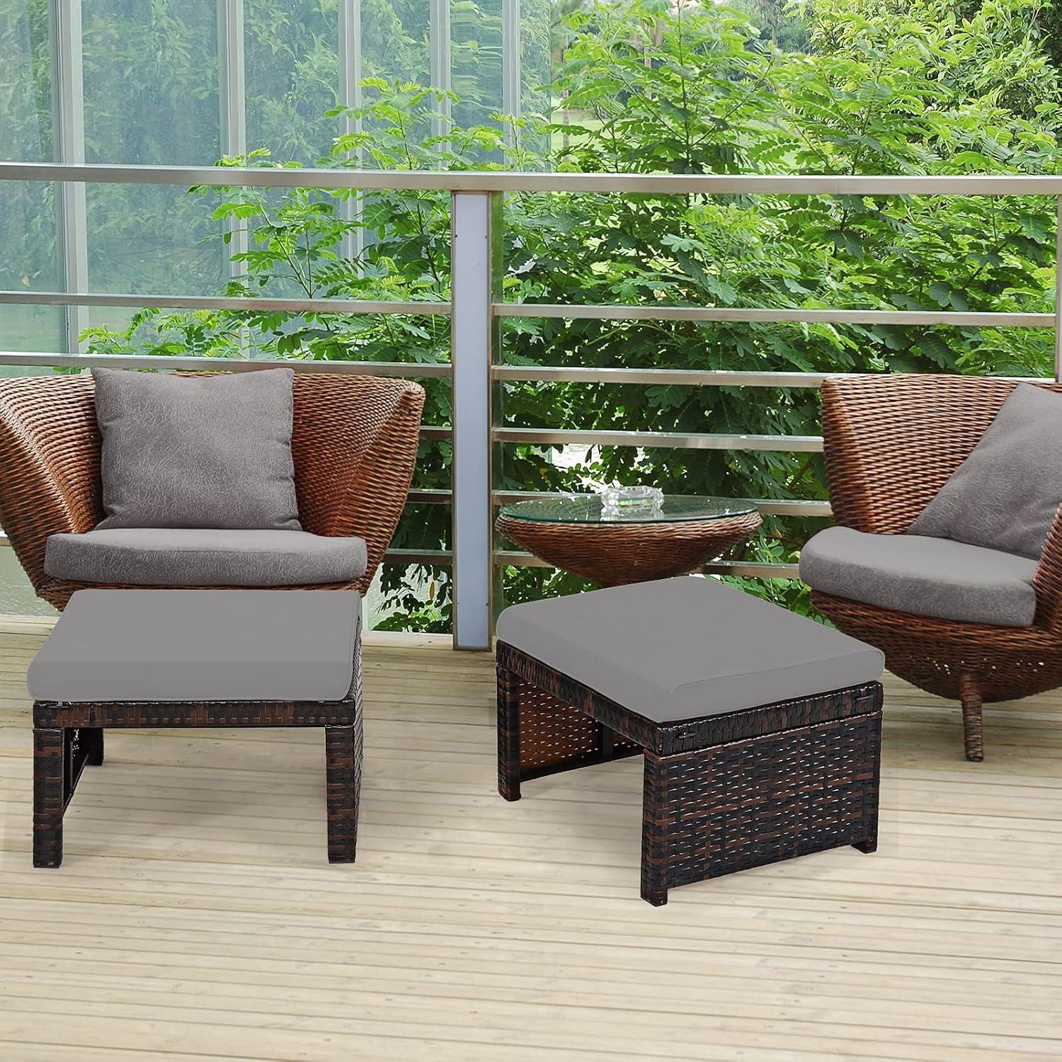 Outdoor Grey Cushioned PE Rattan Patio Ottomans, Set of 2