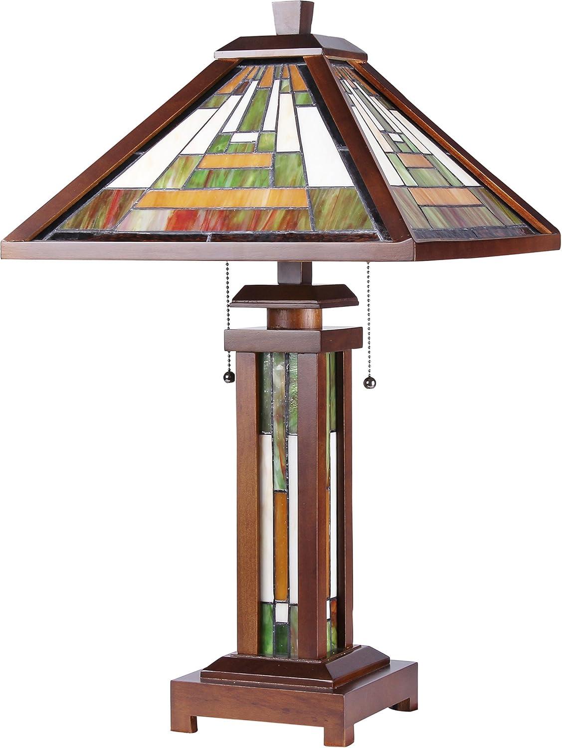 CHLOE Lighting GAWAIN Tiffany-style Mission 3 Light Double Lit Wooden Table Lamp 15" Shade