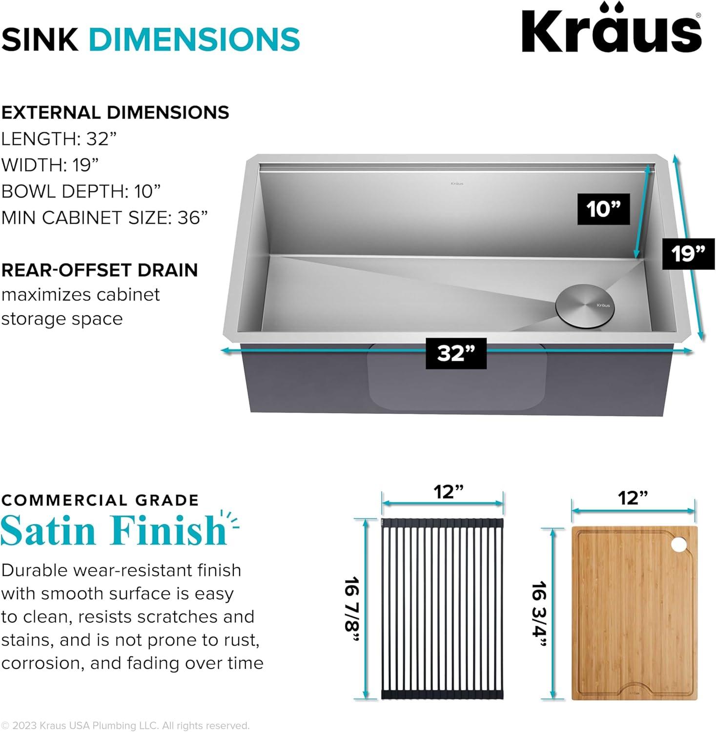 KRAUS® Kore 32" Undermount Workstation 16 Gauge Single Bowl Stainless Steel Kitchen Sink with Accessories