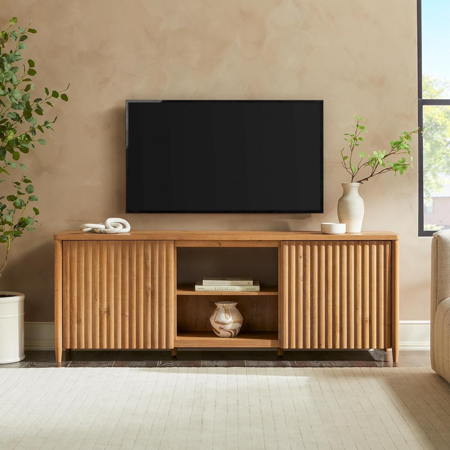 Scandinavian Reeded TV Stand with Open Storage for up to 80" TV  English Oak