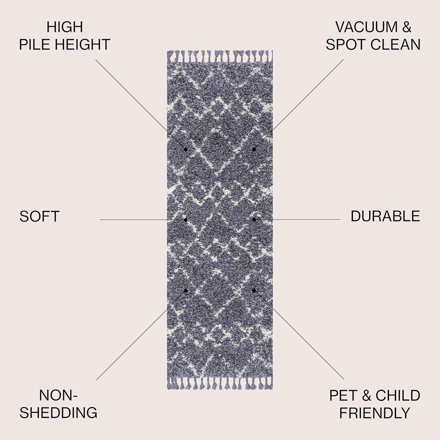 2'x8' Mercer Shag Plush Tassel Moroccan Geometric Trellis Area Rug, Denim/Cream - JONATHAN Y