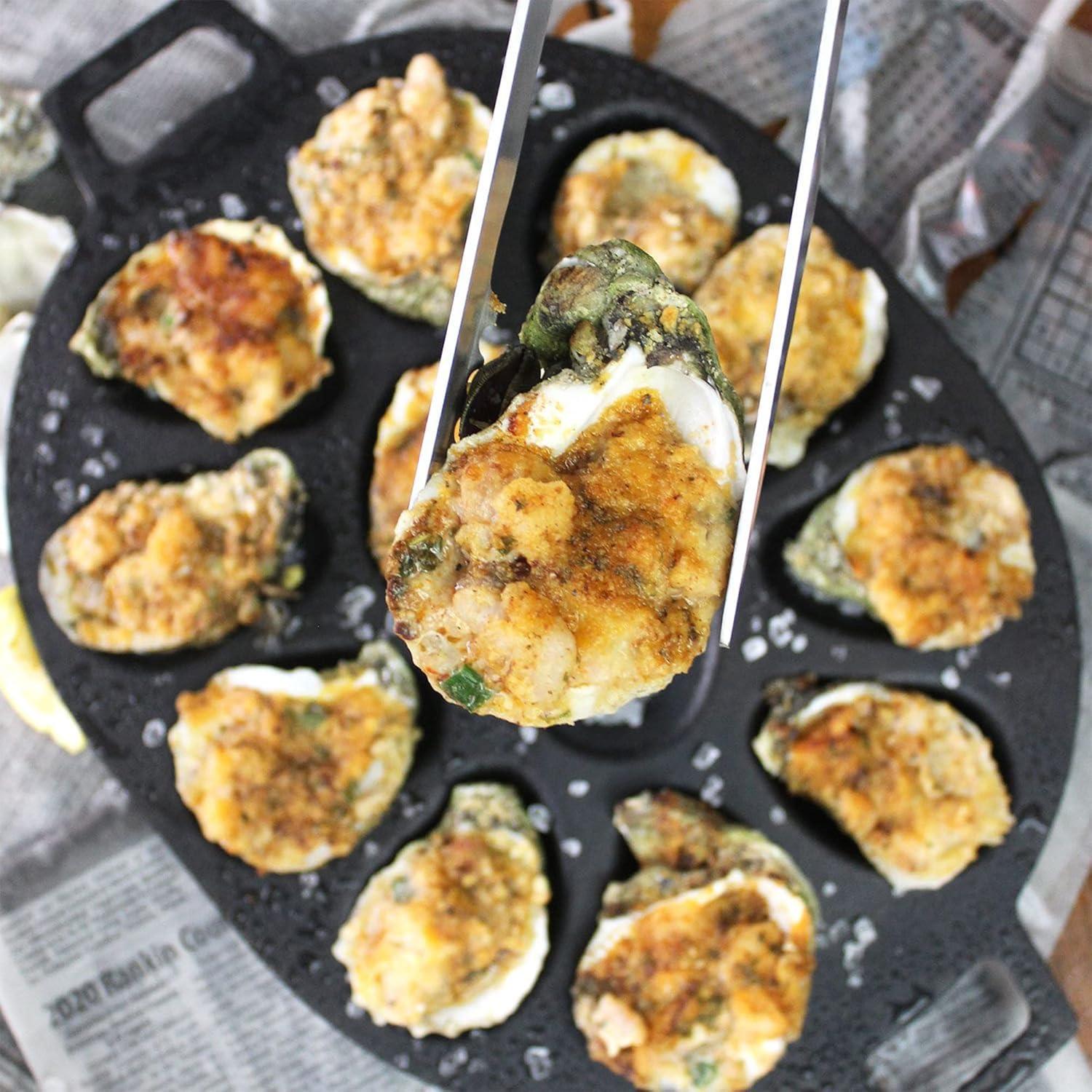 Bayou Classic 7413 Cast Iron 12 Shellfish Shaped Oyster Grill and Serve Kitchen Cooking Pan for Shucked or Half-Shell Seafood, Black