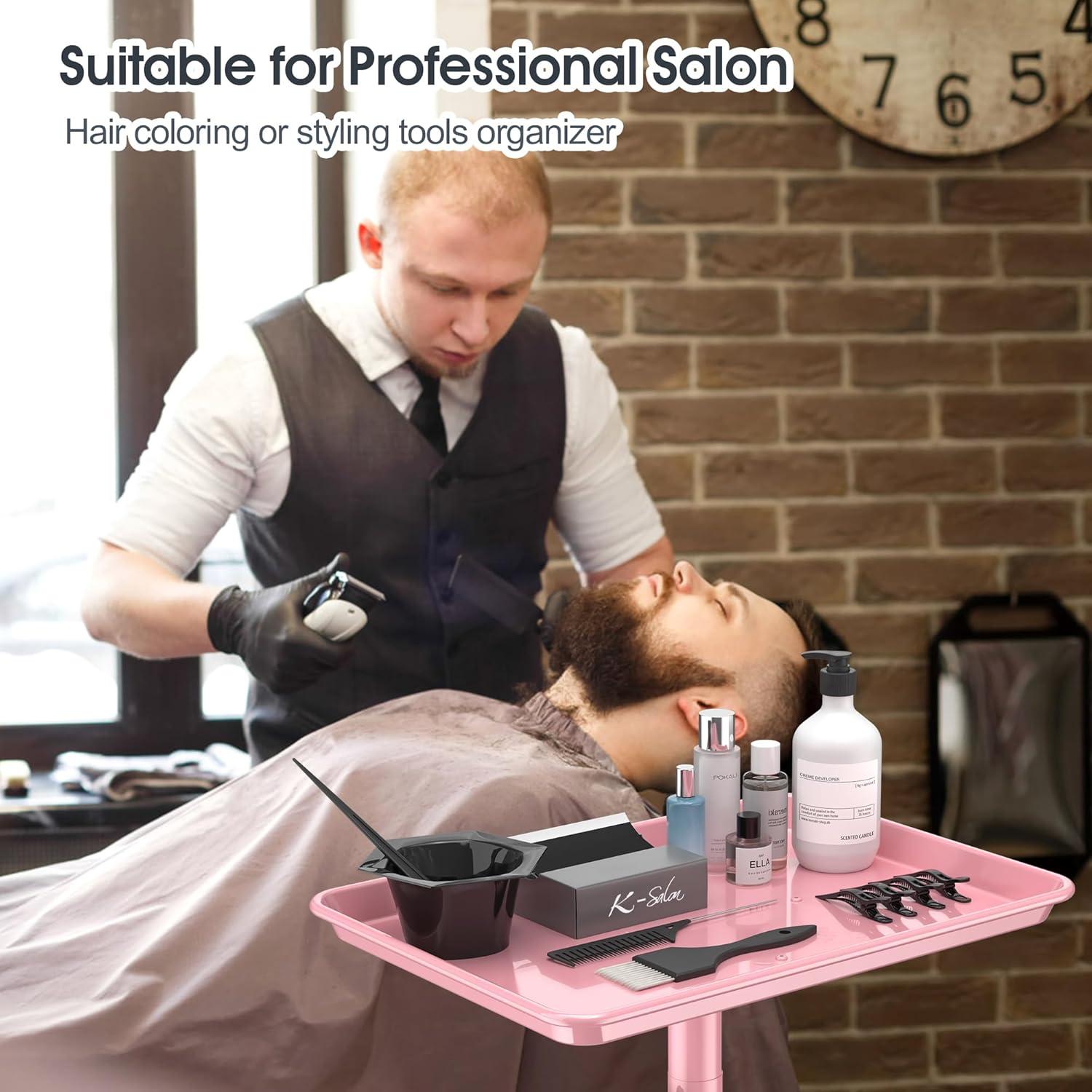 Salon Tray,Height Adjustable Salon Service Rolling Cart,Hair Color Tray with Wheels,Pink