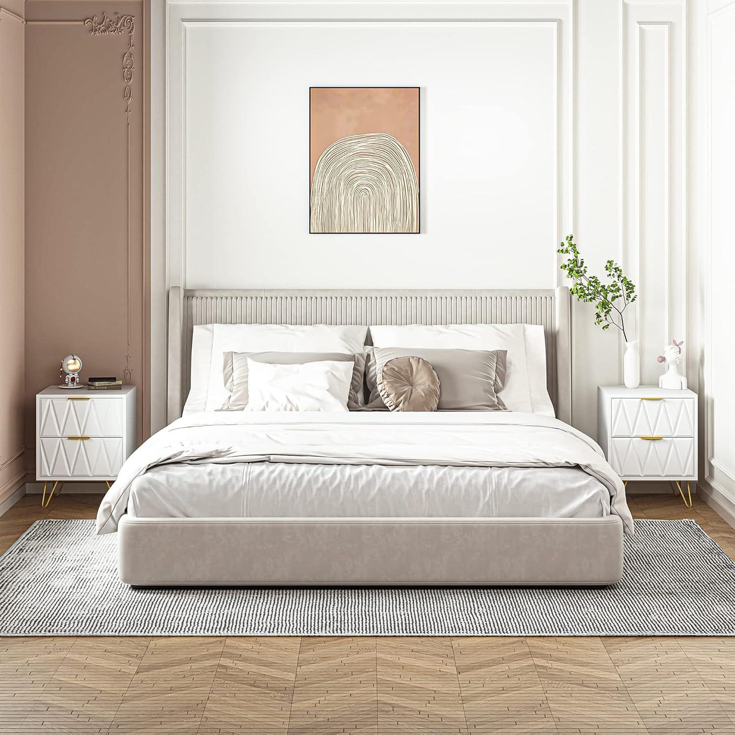 White and Gold Nightstand Set of 2,Modern Bedside Table with 2 Drawer for Bedroom,End Side Table with Gold Legs for Living Room,White Night Stand Set 2 for Bedroom