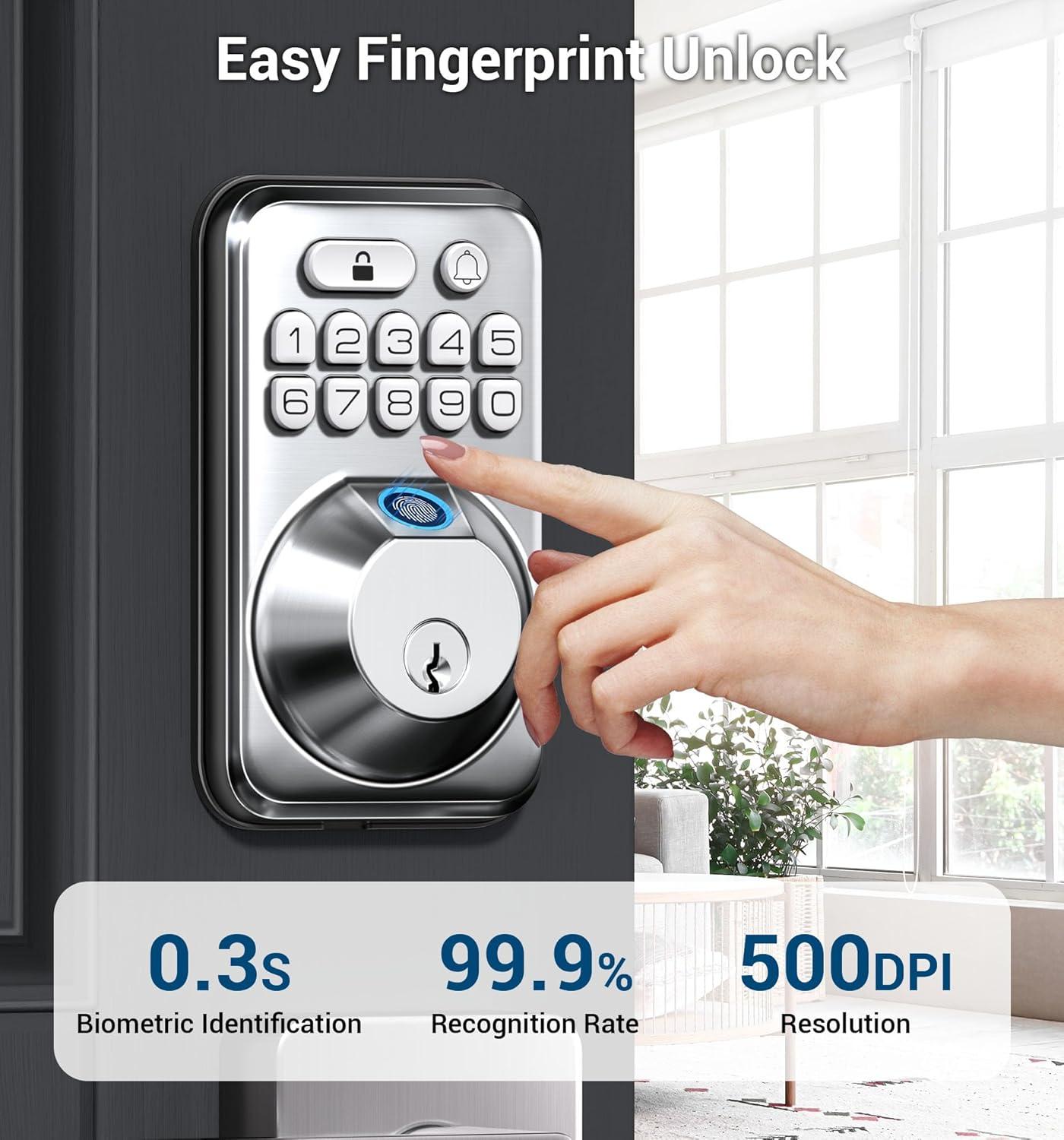 TEEHO Fingerpint Keyless Entry Keypad, Smart Digital Deadbolt Door Lock for Front Door, Remotely Share Temporary PIN Code, Easy Installation-Satin Nickel