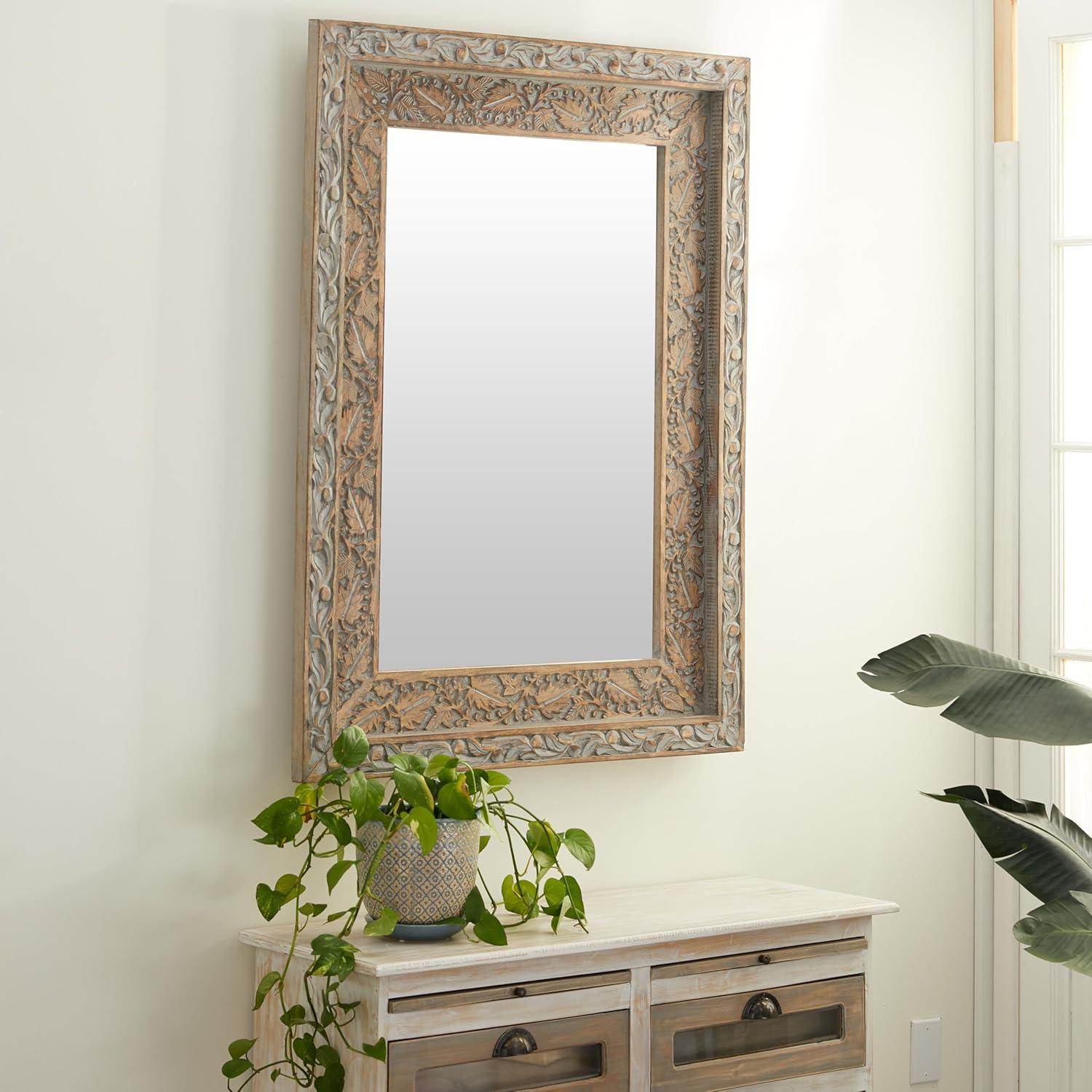 DecMode 36" x 48" Gray Handmade Intricately Carved Floral Wall Mirror