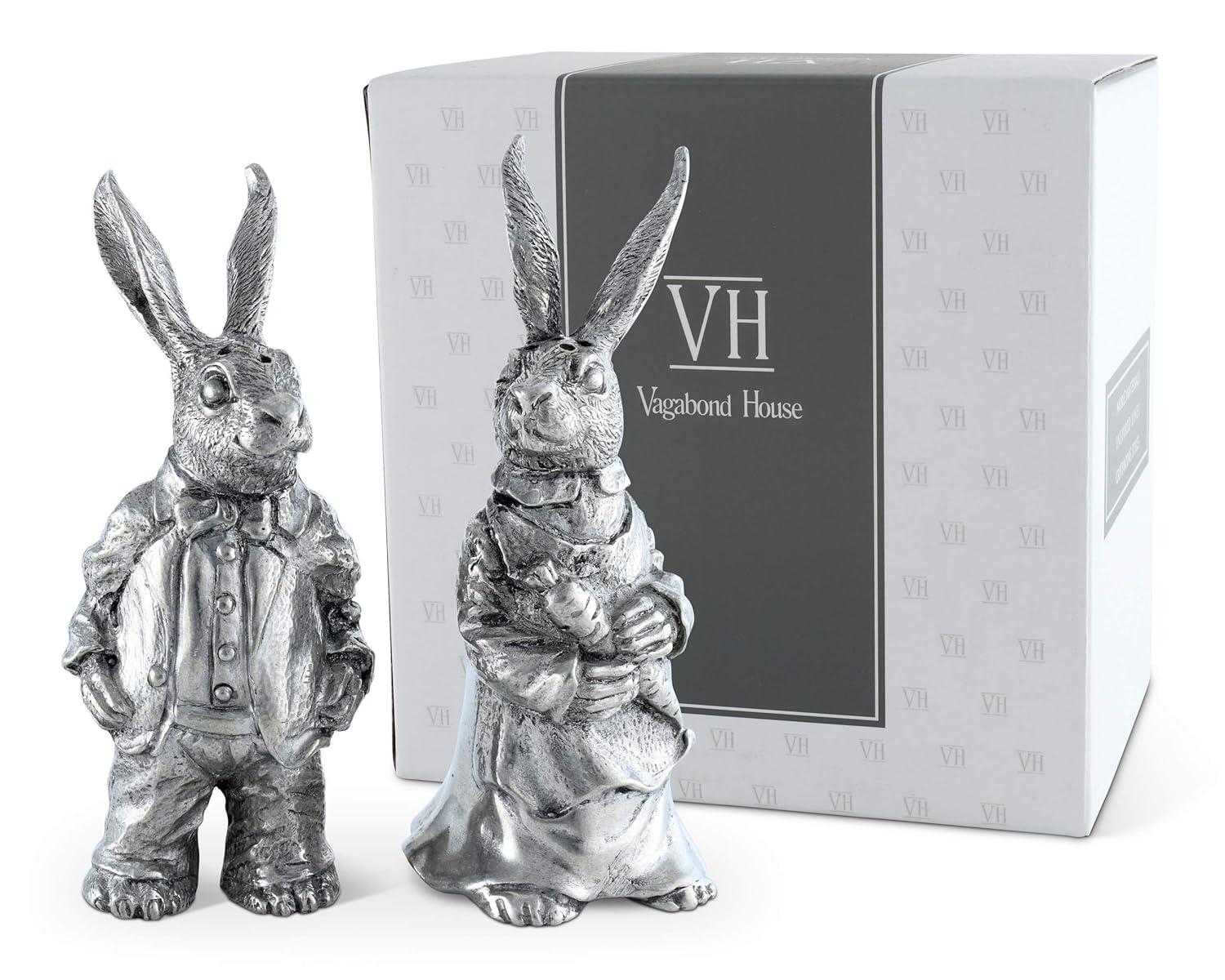 Vagabond House Garden Friends Easter Pewter Dressed Rabbits Salt and Pepper Shakers Set