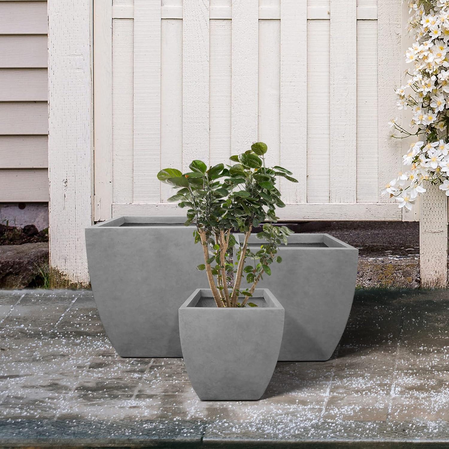 Contemporary Square Medium Natural Concrete Planter 17.7" with Drainage