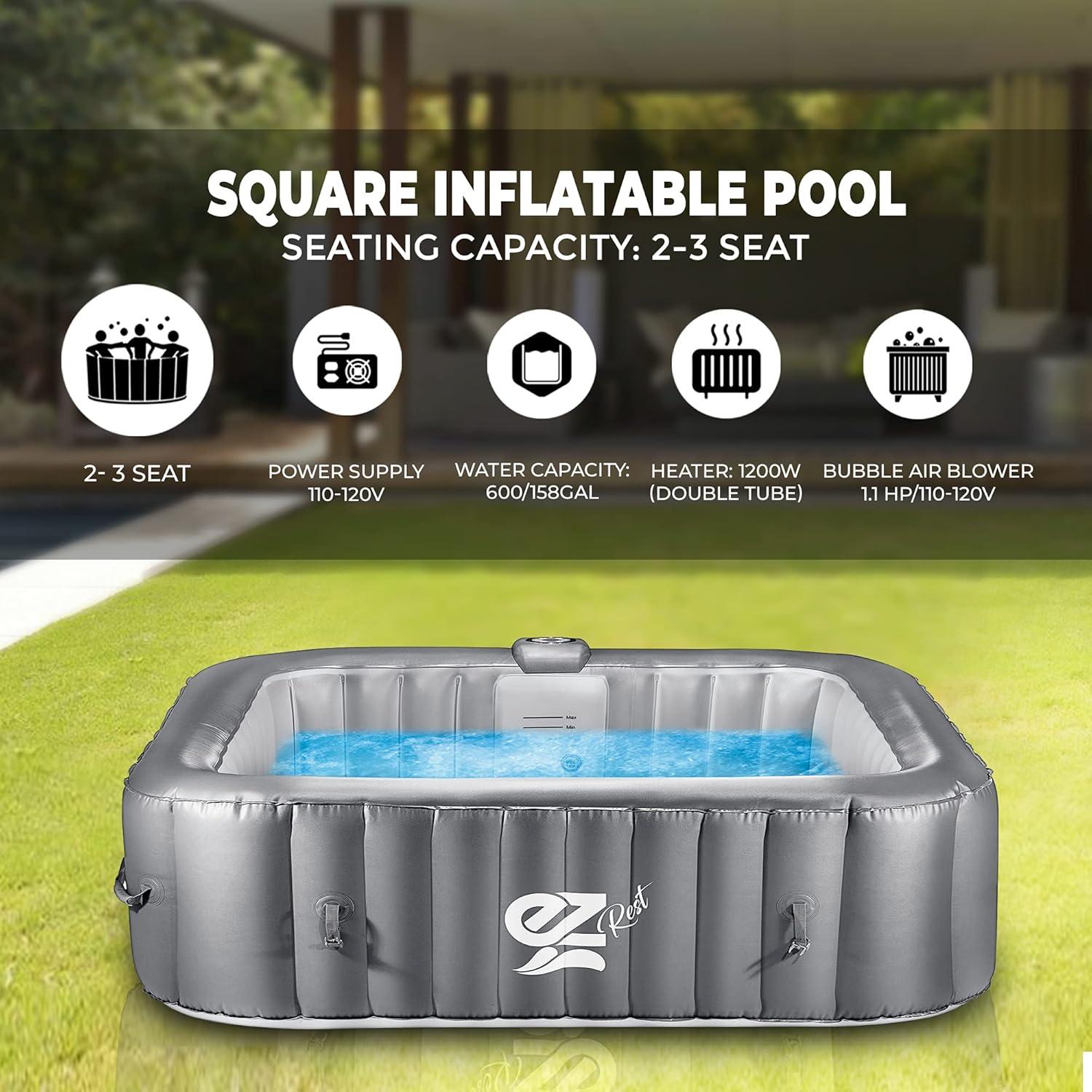 SereneLife 4-Person Gray PVC Square Inflatable Hot Tub with LED Lights