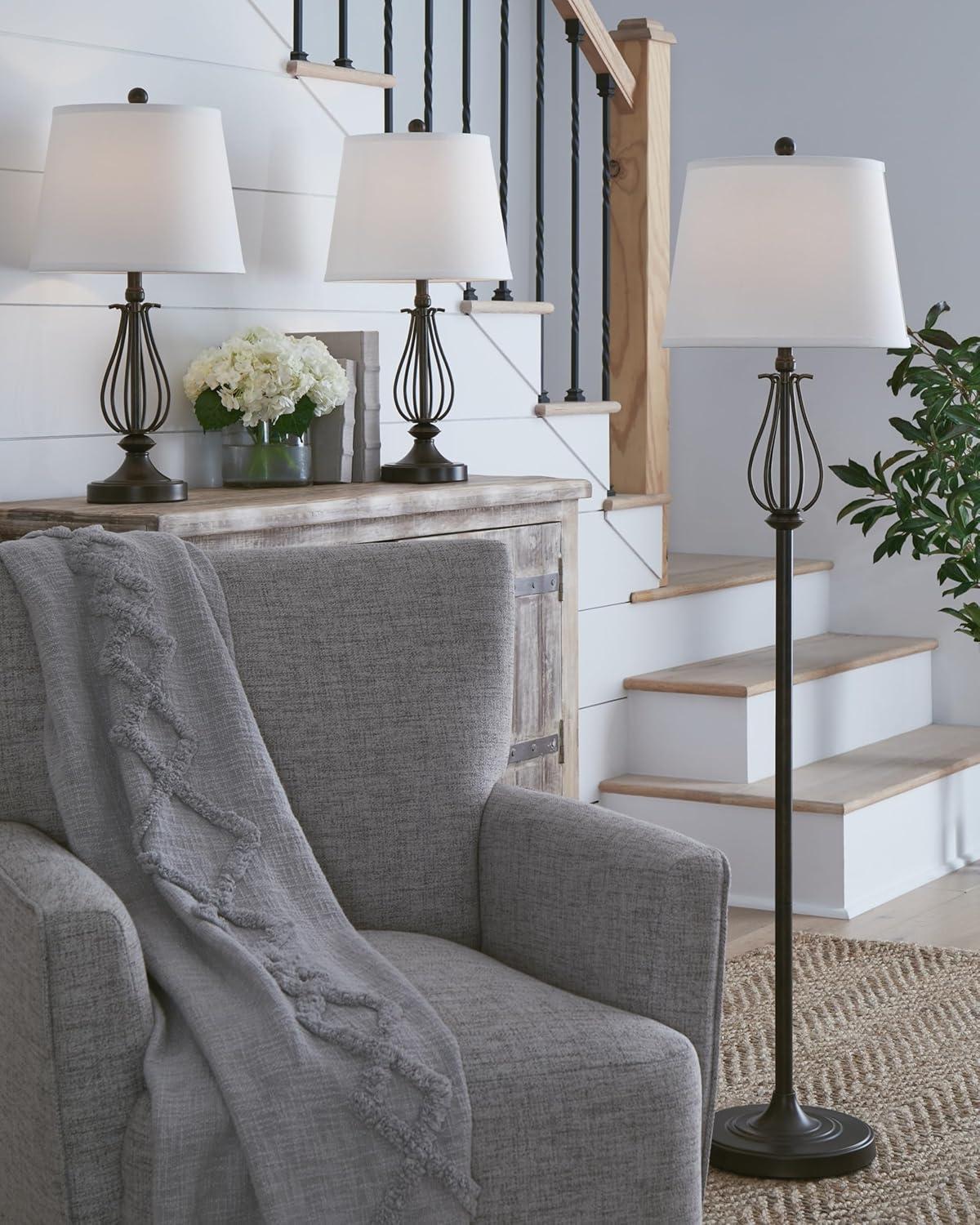 Signature Design by Ashley Brycestone Floor Lamp with 2 Table Lamps Brown/Beige: Metallic Base, 3-Way Switch, UL Listed
