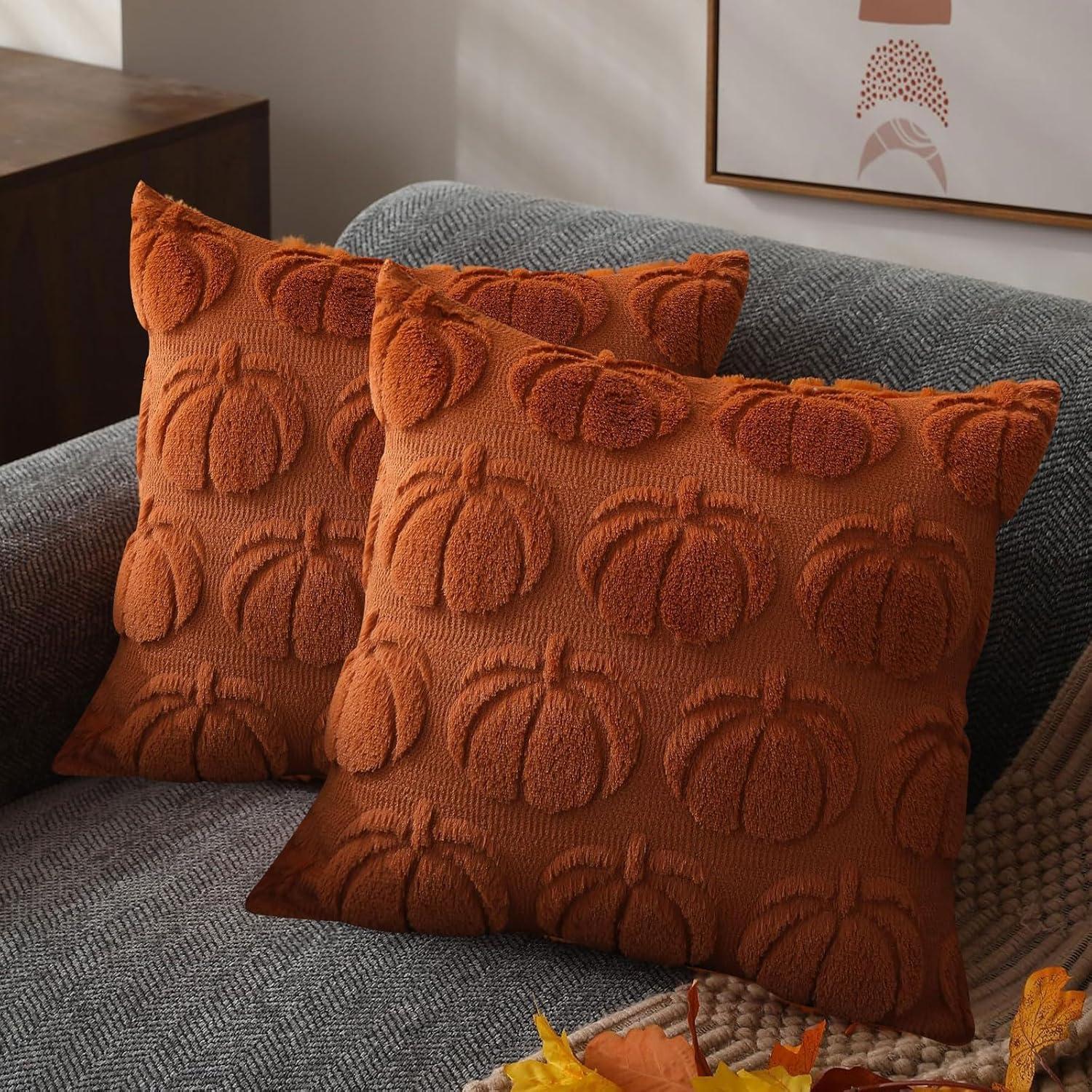 TQWQT Fall Pillow Covers 18x18 Set of 2 Fall Decorations Autumn Rust Pumpkin Throw Pillow Cases Soft Plush Faux Fur Wool Couch Cushion Case for Chair Sofa Bedroom Living Room Home Decor