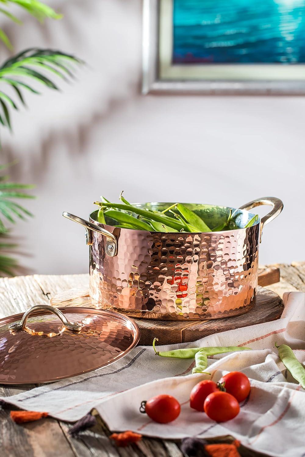 DEMMEX 1.2MM Thick Hammered Copper Soup Pot Casserole Pan Dish Dutch Oven, 4 Quarts (9" x 4")