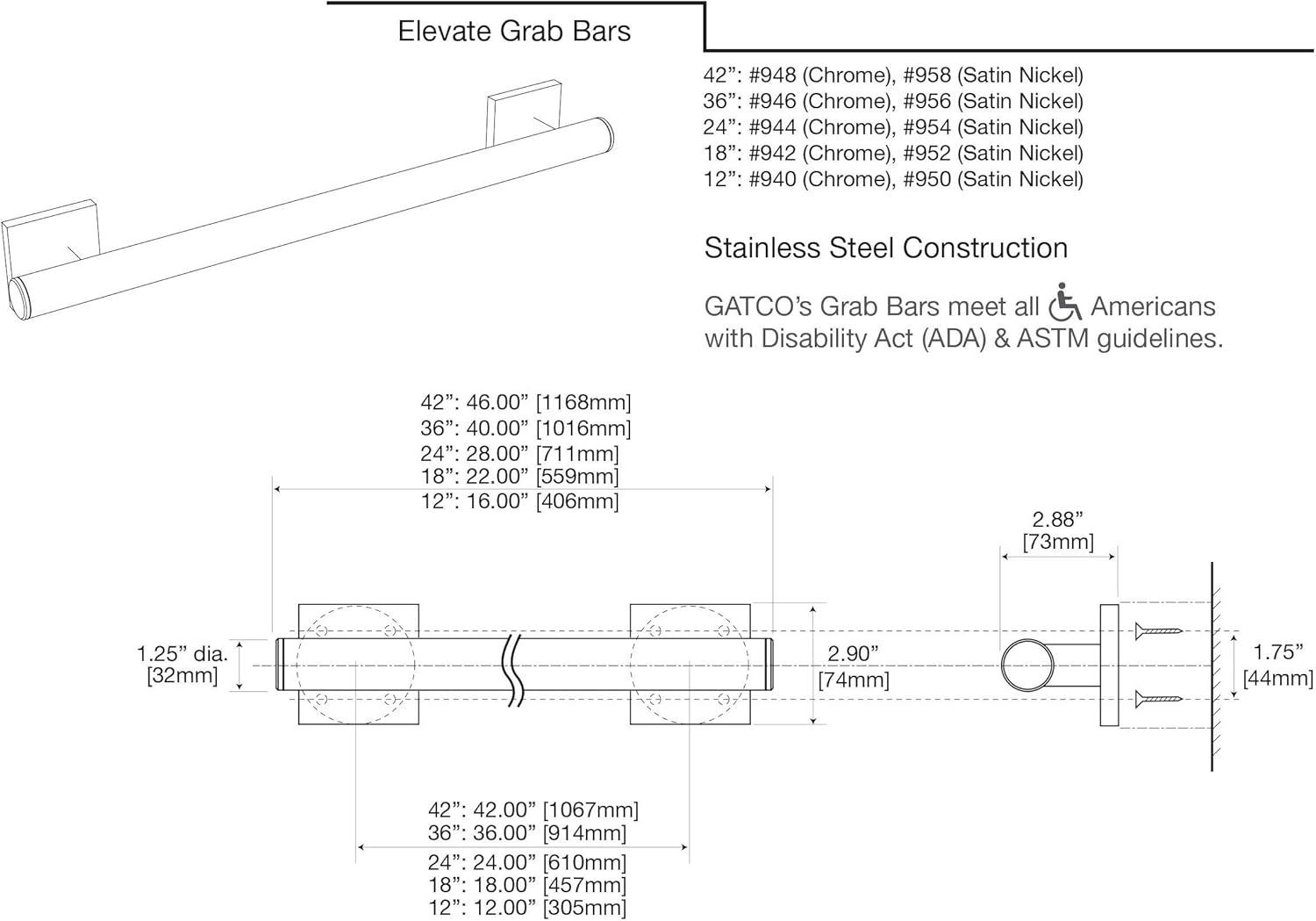 Elevate Wall Mount Stainless Steel Grab Bar, ADA Compliant Safety Bar