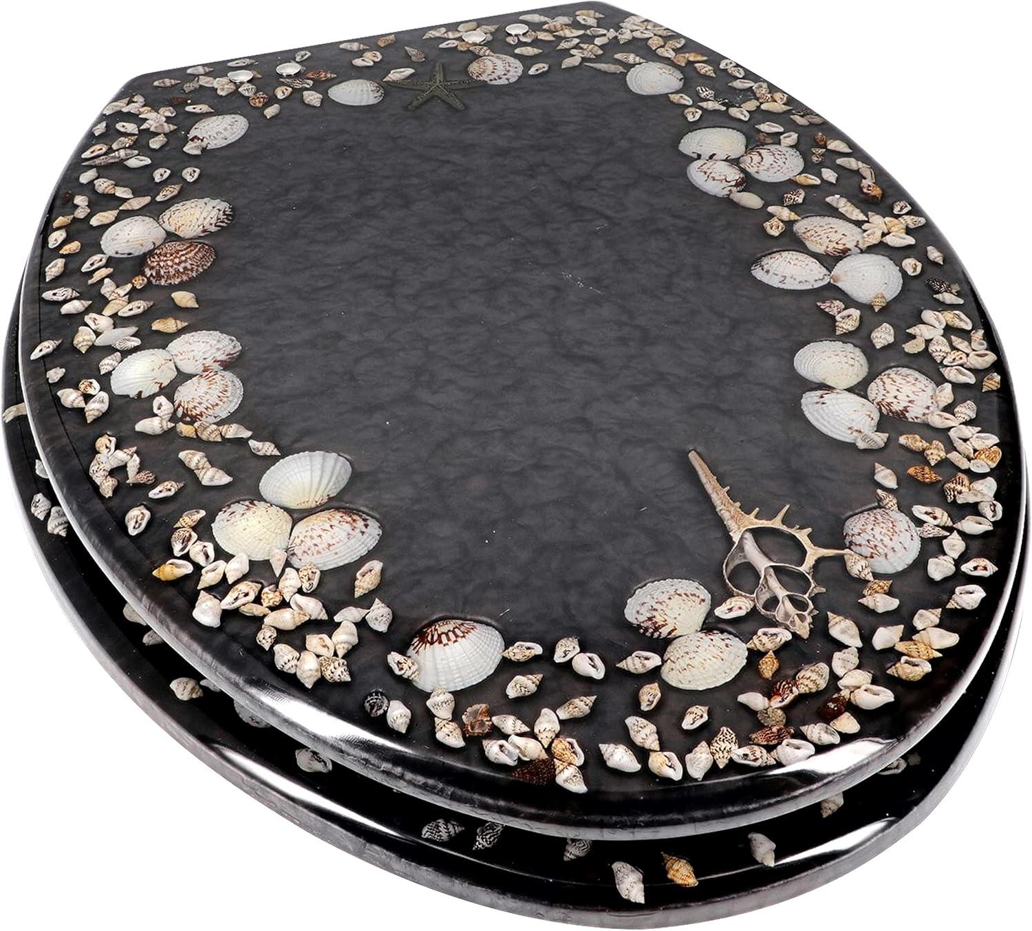 Home+Solutions Deluxe Resin Maui Decorative Elongated Toilet Seat - Coastal Decor, Beach House, Shells, No Slam Toilet, Slow Close, Resin Elongated Toilet Seats