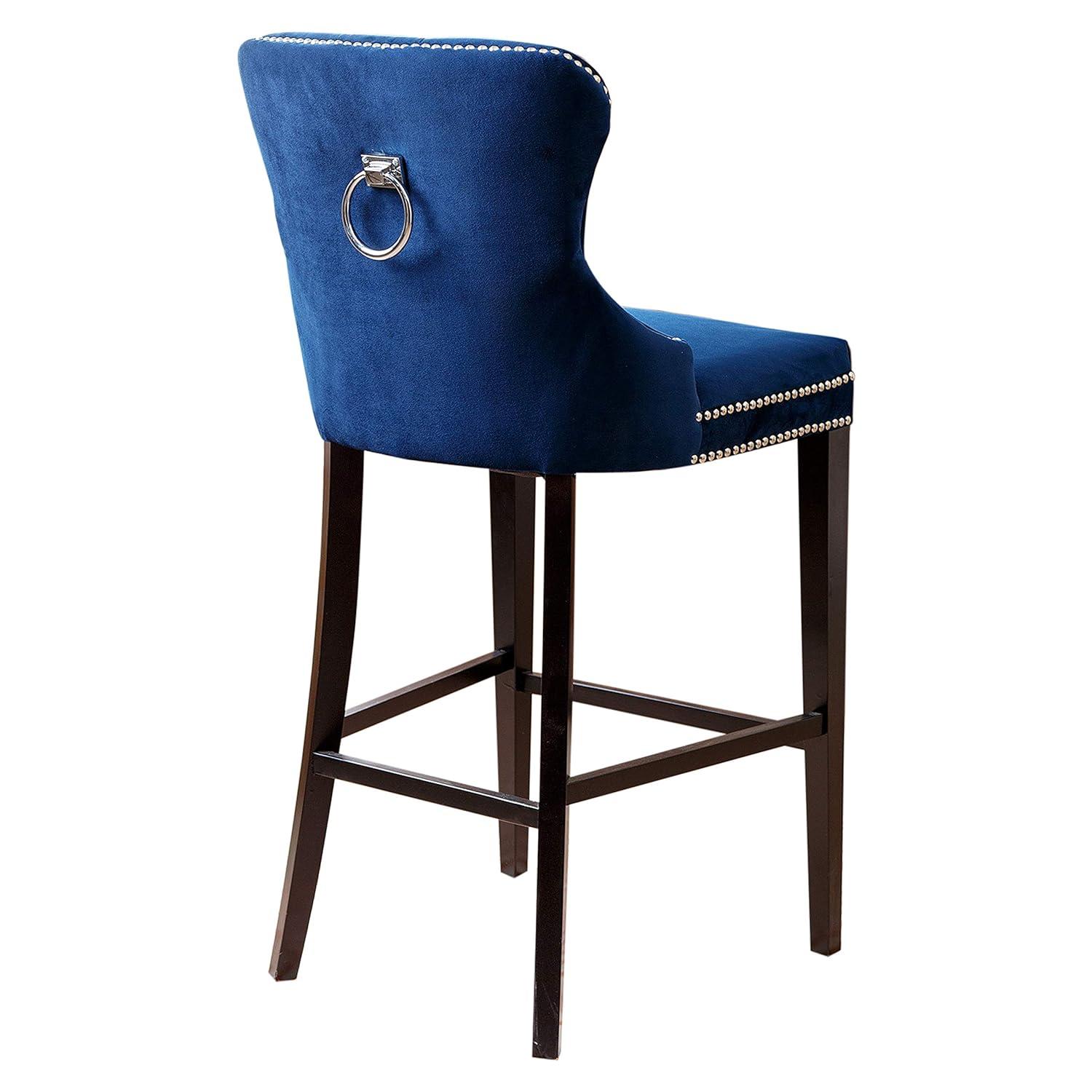 Elegant Gray Velvet & Wood High Back Bar Stool with Silver Nailhead Trim