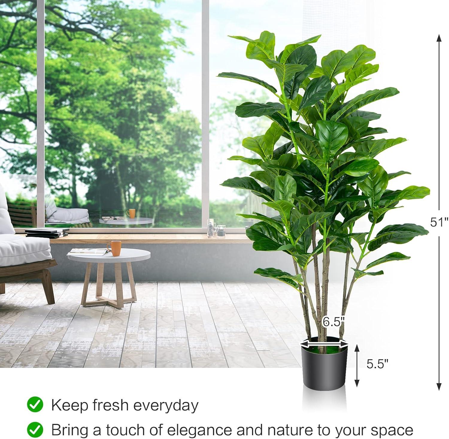 Gymax 51" Fiddle Leaf Fig Tree Artificial Plant in Green Indoor Outdoor PEVA Pot 2-Count