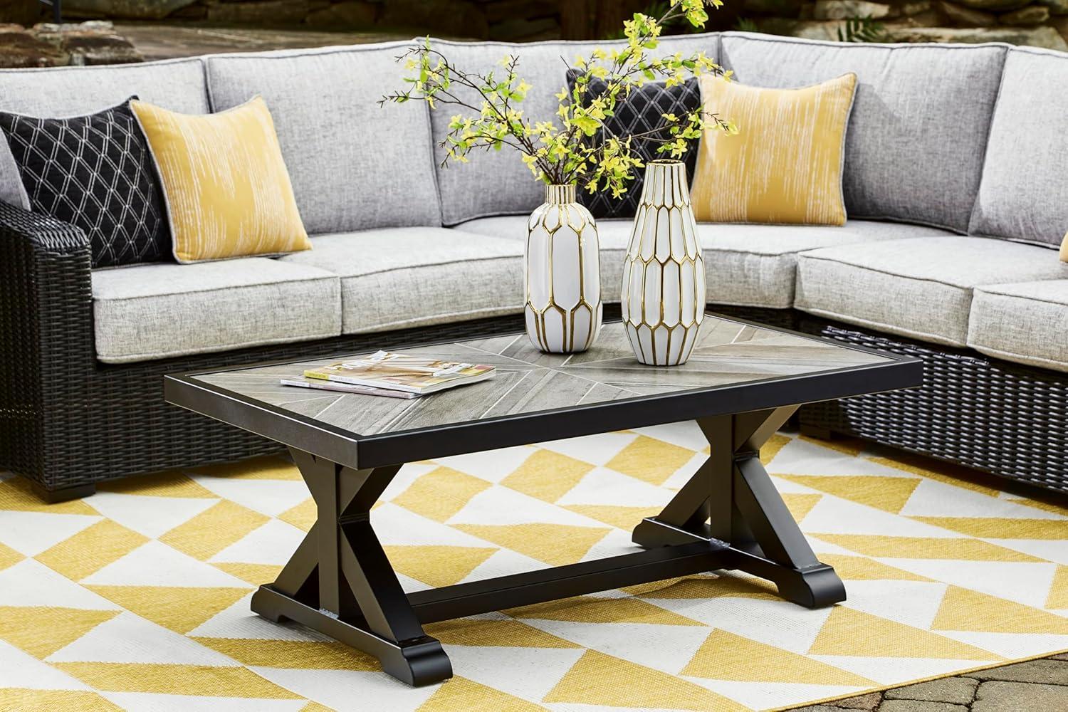 Black and Gray Rectangular Outdoor Coffee Table with Porcelain Top
