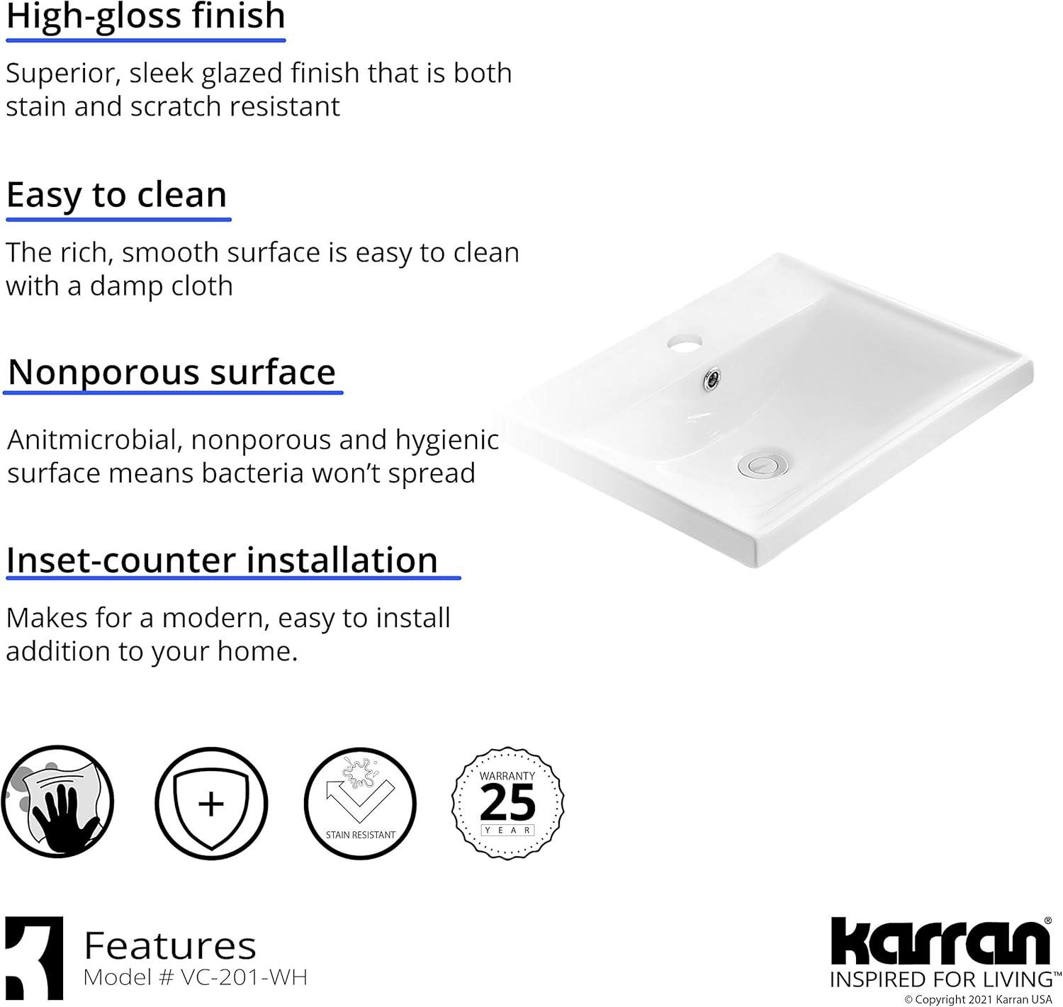 Karran Valera 20 In. Top Mount Vitreous China Rectangular Bathroom Sink With Overflow Drain